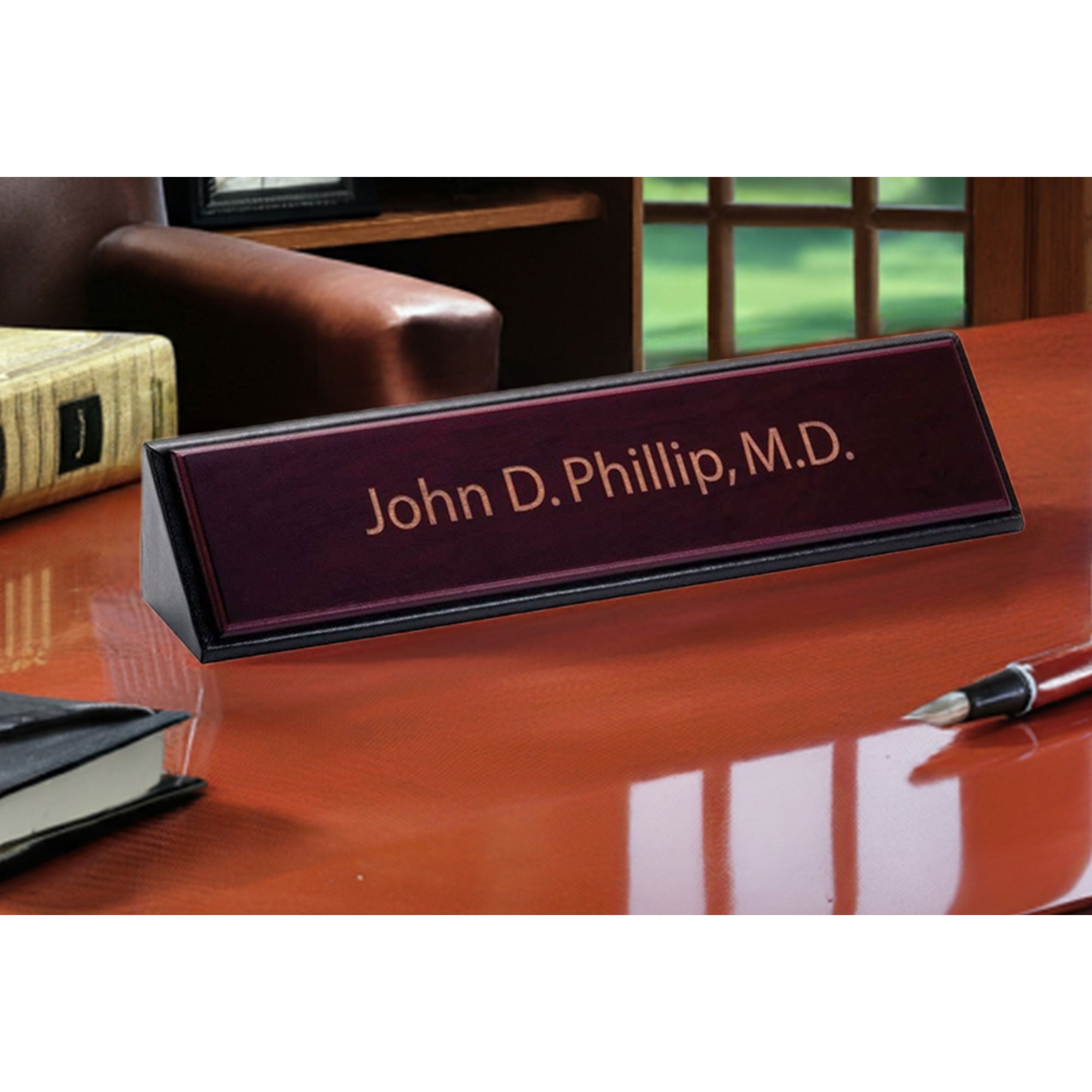 Mahogany (Rosewood) & Black Leather Name Plate