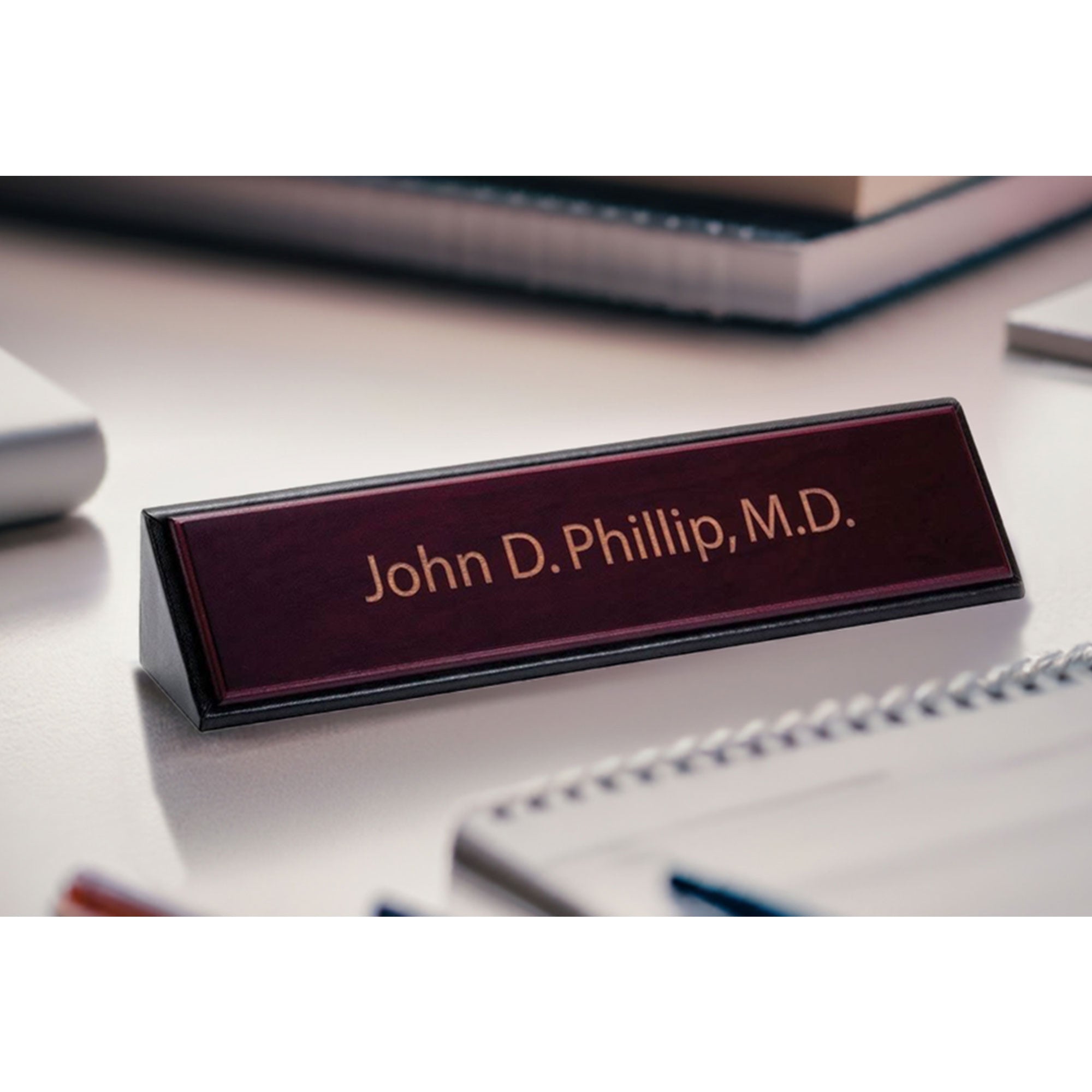 Mahogany (Rosewood) & Black Leather Name Plate