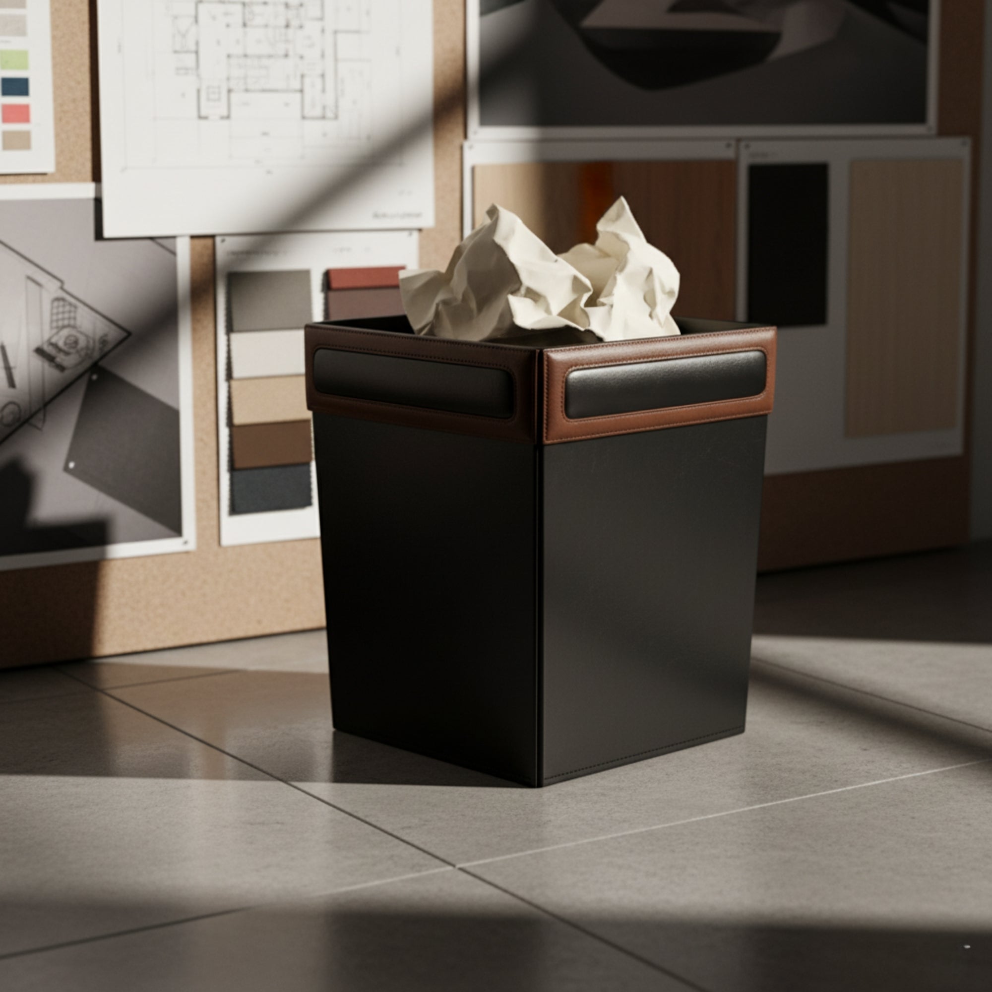 Walnut & Black Leather Waste Basket, 14 Qt