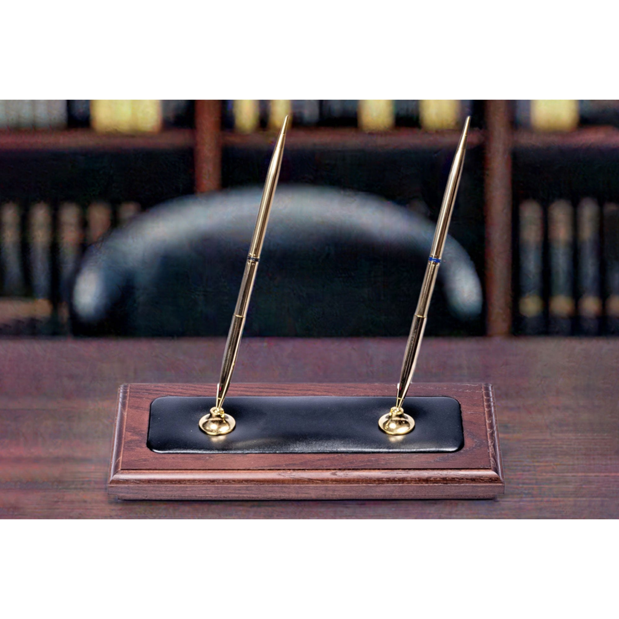 Walnut & Leather Double Pen Stand