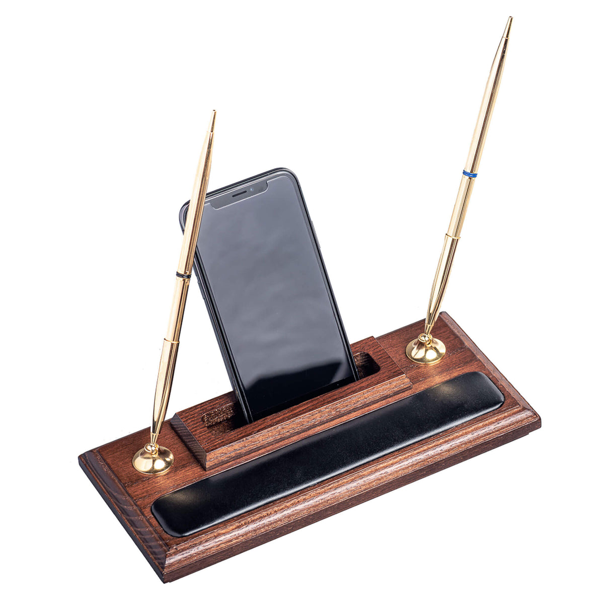Walnut and Leather Double Pen Stand with Cell Phone Holder