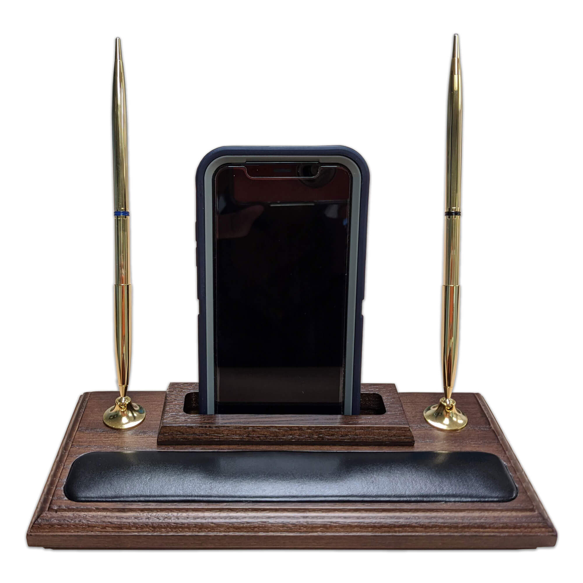 Walnut and Leather Double Pen Stand with Cell Phone Holder