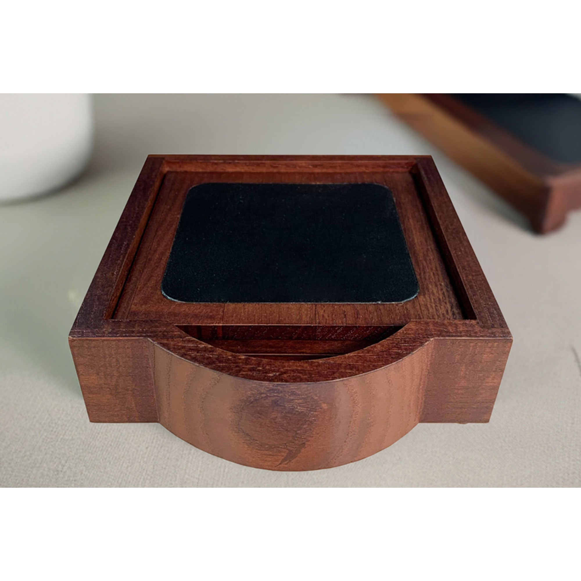 Walnut & Black Leather 4 Square Coaster Set w/ Holder