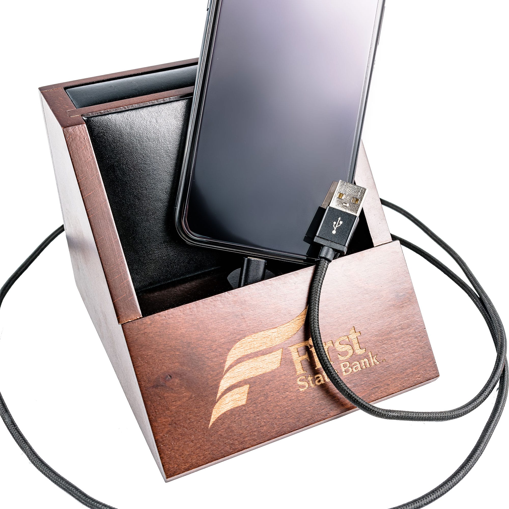 Walnut and Black Leather Desktop Cell Phone Holder