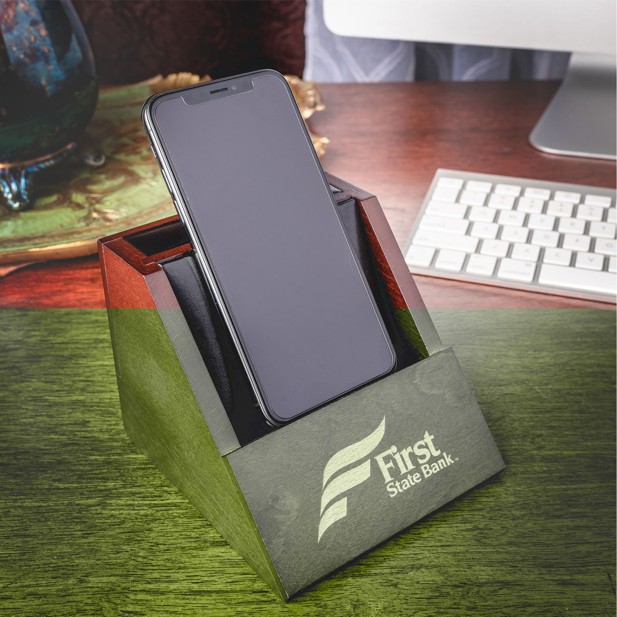 Walnut and Black Leather Desktop Cell Phone Holder