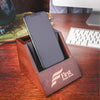 Walnut and Black Leather Desktop Cell Phone Holder