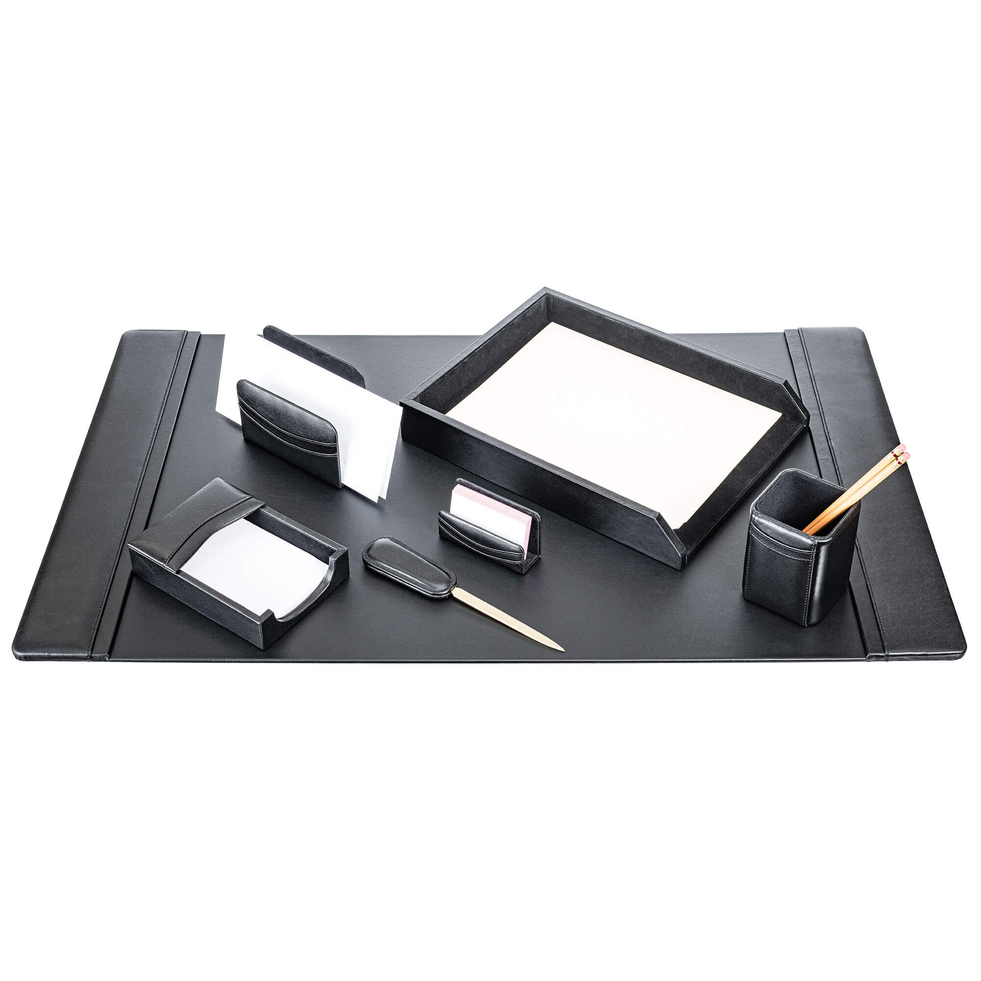 Classic Black Leather 7pc Desk Set, Gold Accent