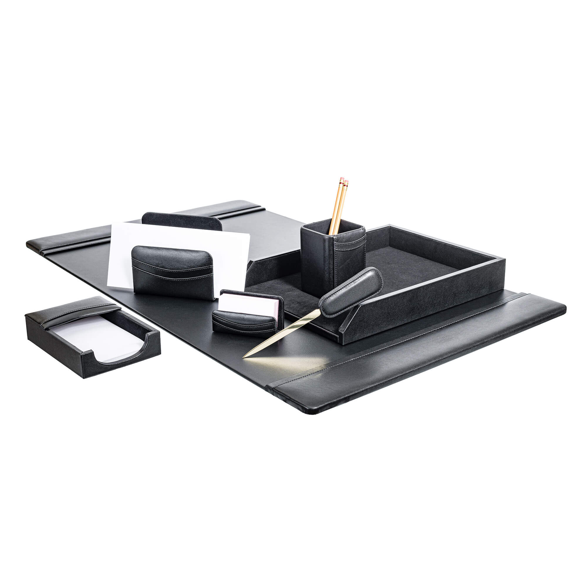 Classic Black Leather 7pc Desk Set, Gold Accent