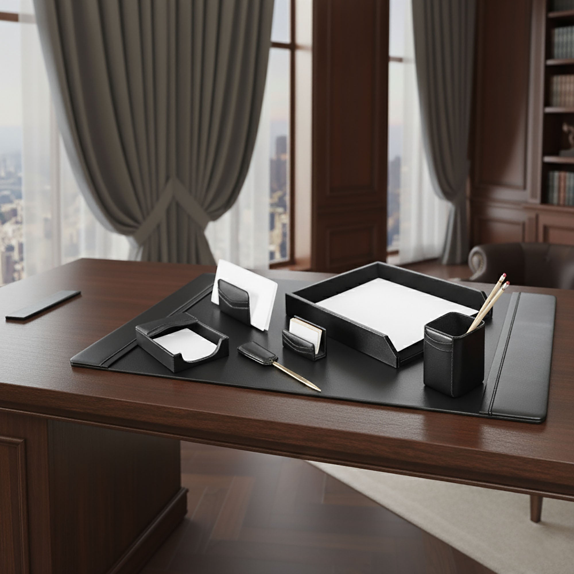 Classic Black Leather 7pc Desk Set, Gold Accent