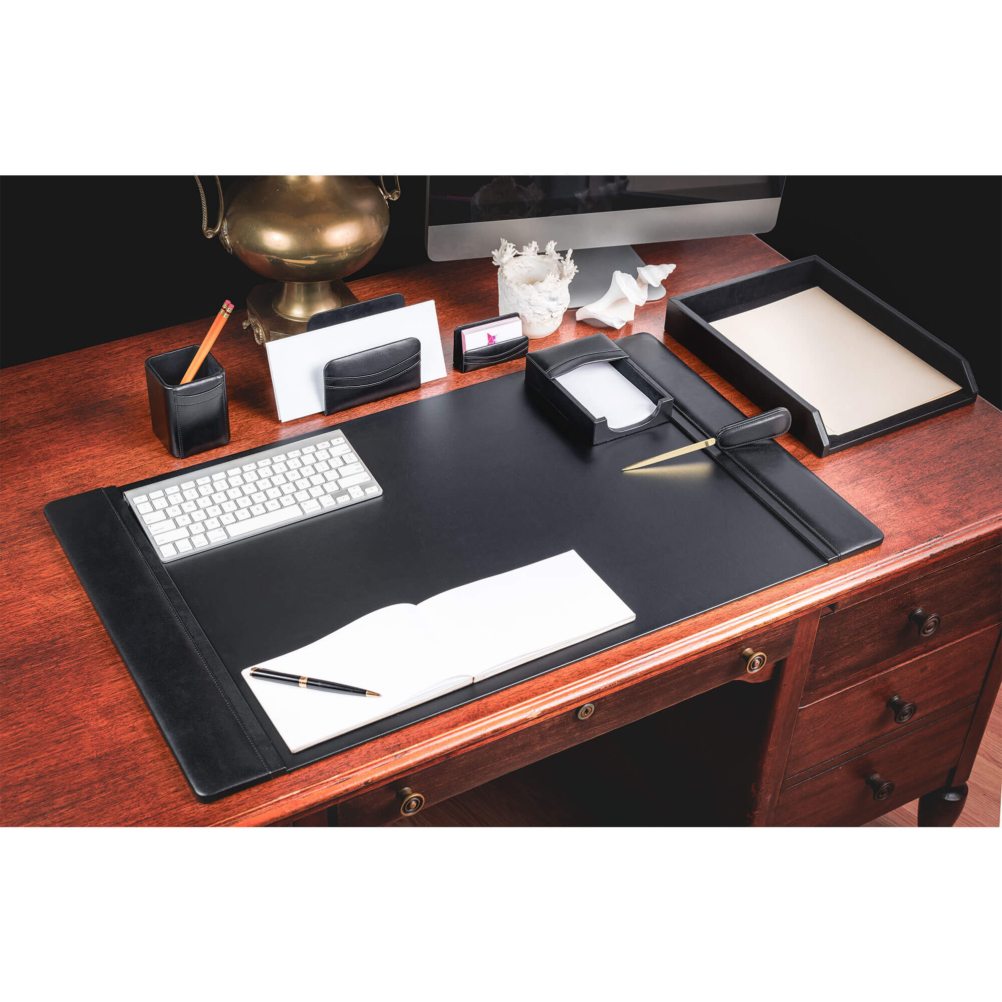 Classic Black Leather 7pc Desk Set, Gold Accent