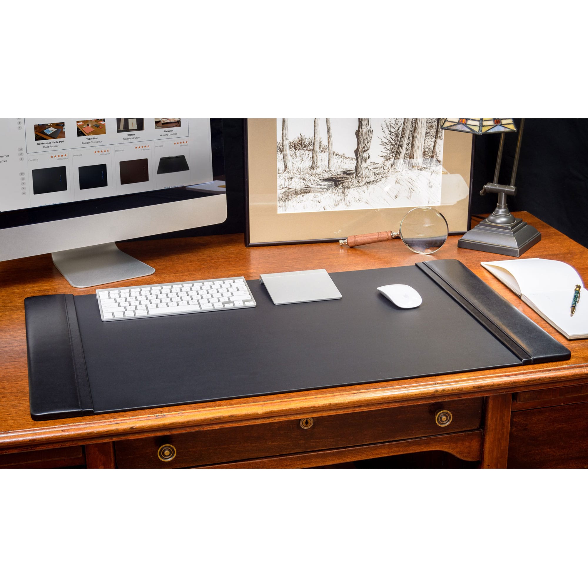 Classic Black Leather 7pc Desk Set, Gold Accent