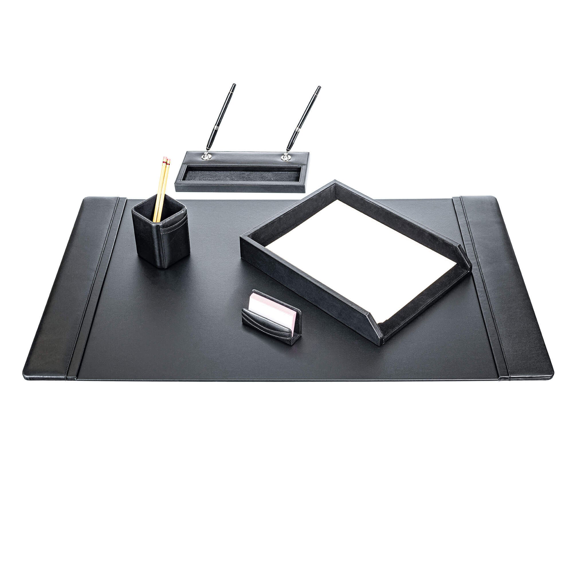 Classic Black Leather 5pc Desk Set, Silver Accent