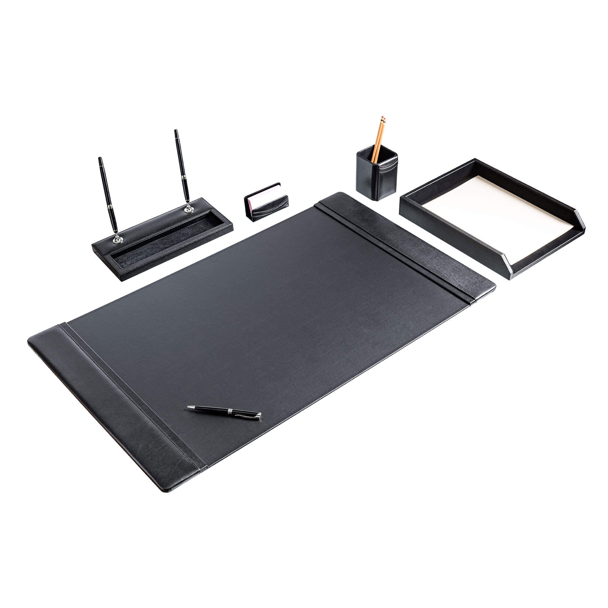 Classic Black Leather 5pc Desk Set, Silver Accent