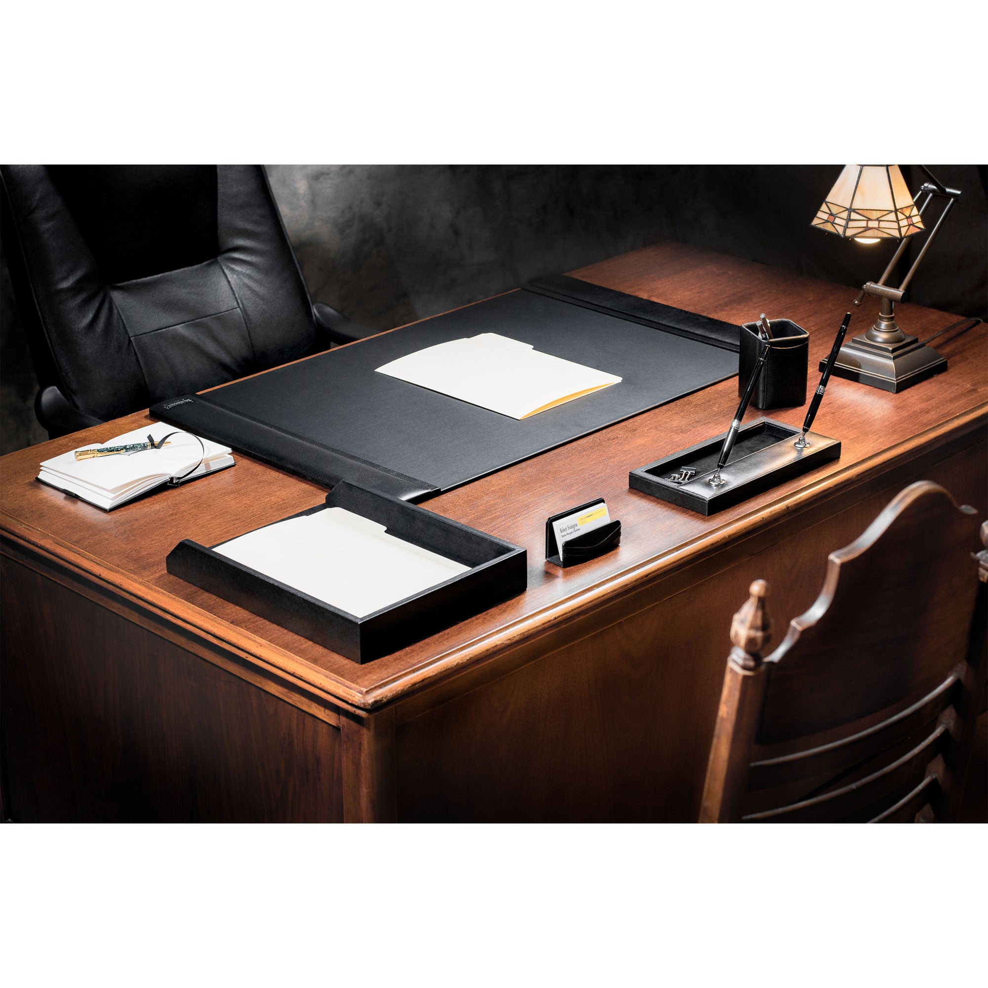 Classic Black Leather 5pc Desk Set, Silver Accent