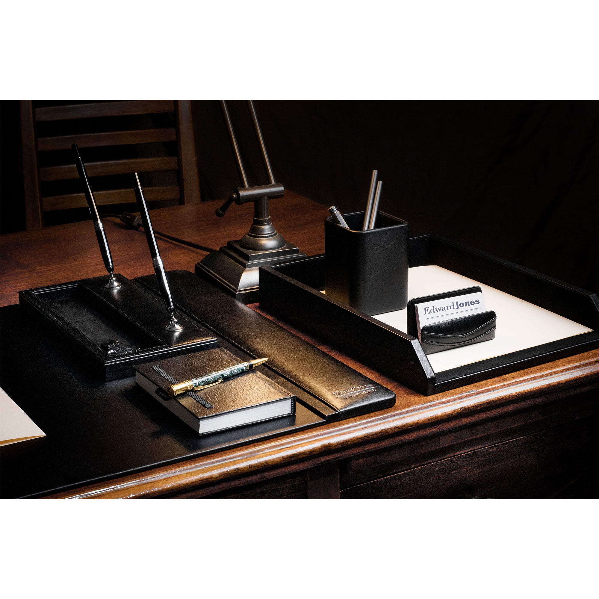 Classic Black Leather 5pc Desk Set, Silver Accent