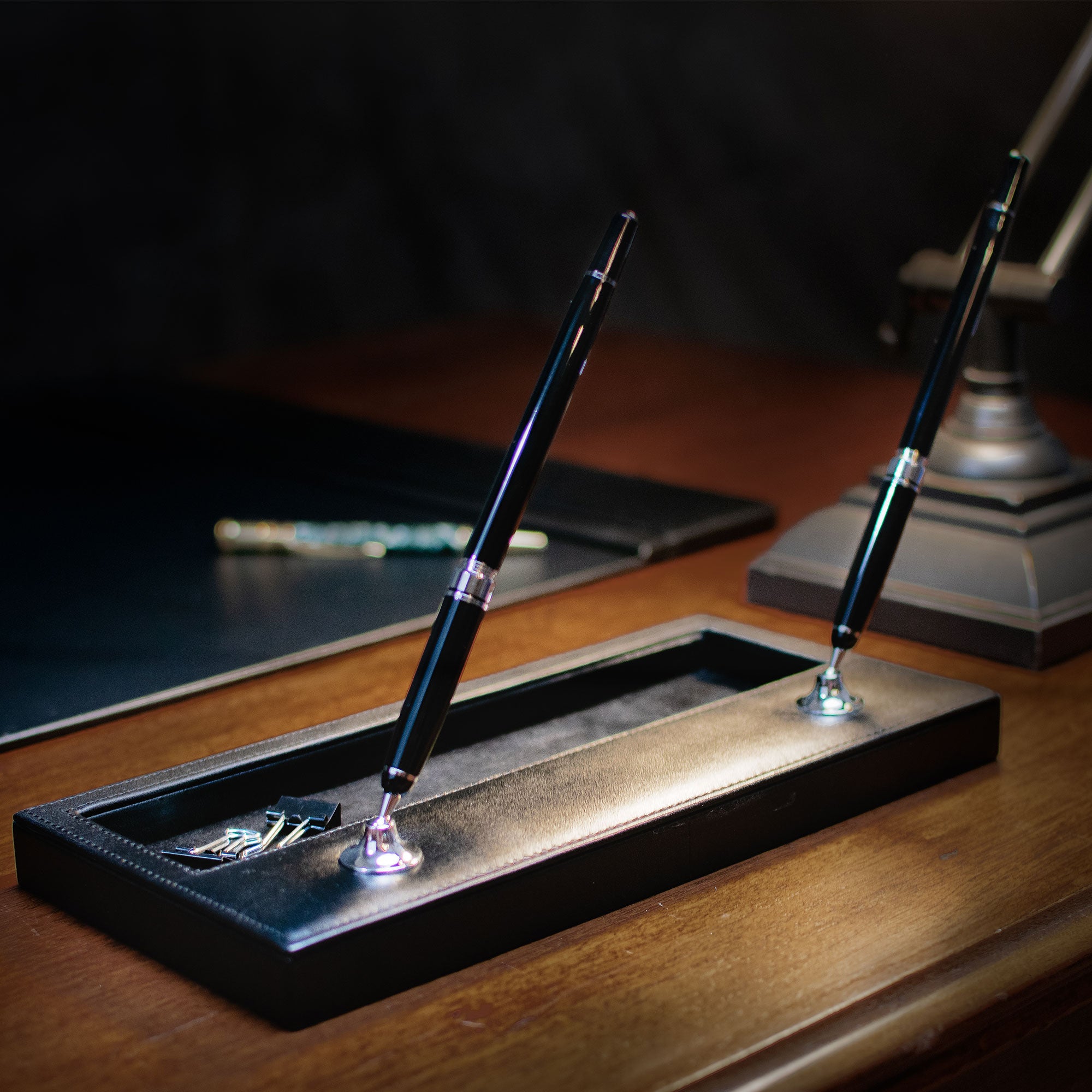 Classic Black Leather 5pc Desk Set, Silver Accent