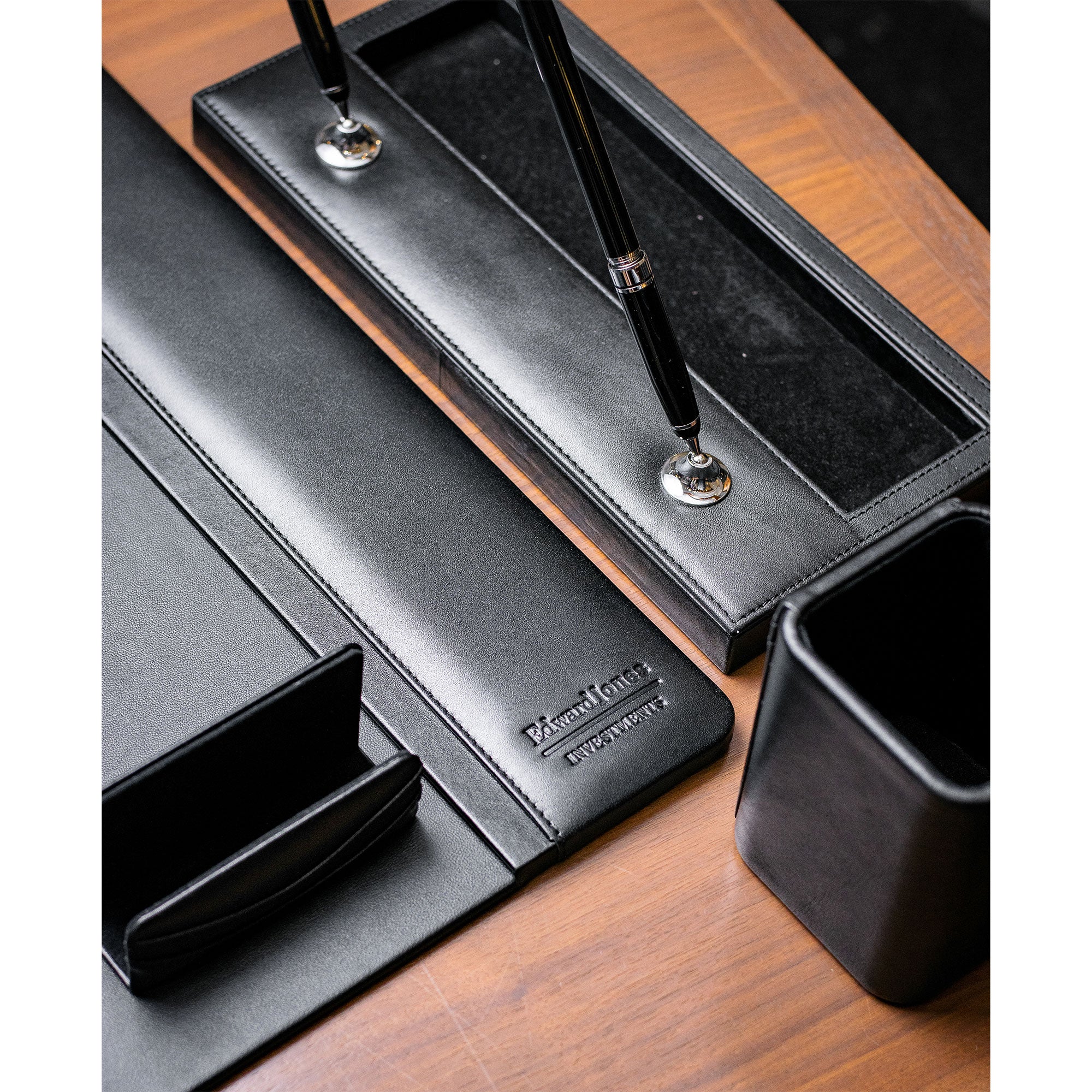 Classic Black Leather 5pc Desk Set, Silver Accent