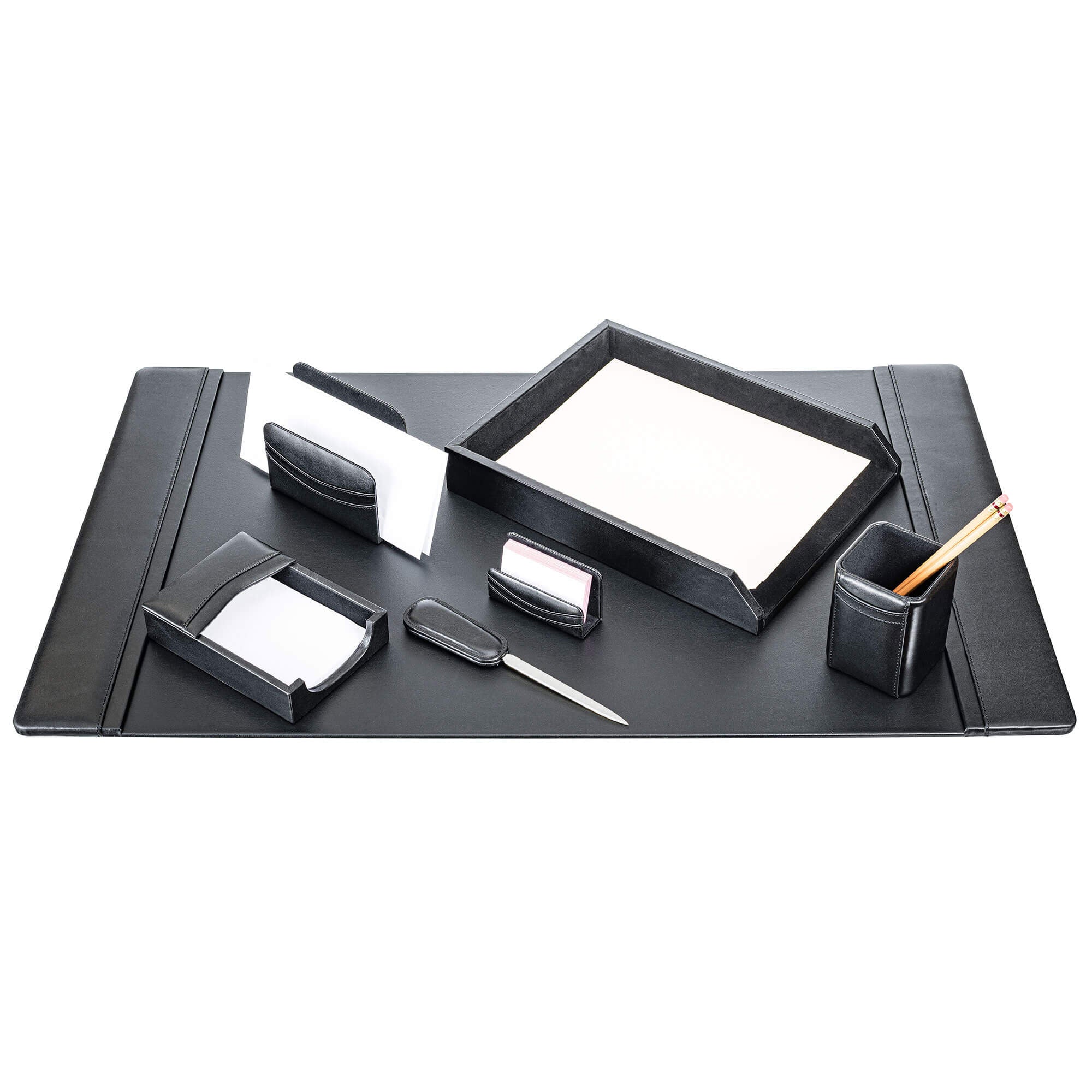 Classic Black Leather 7pc Desk Set, Silver Accent