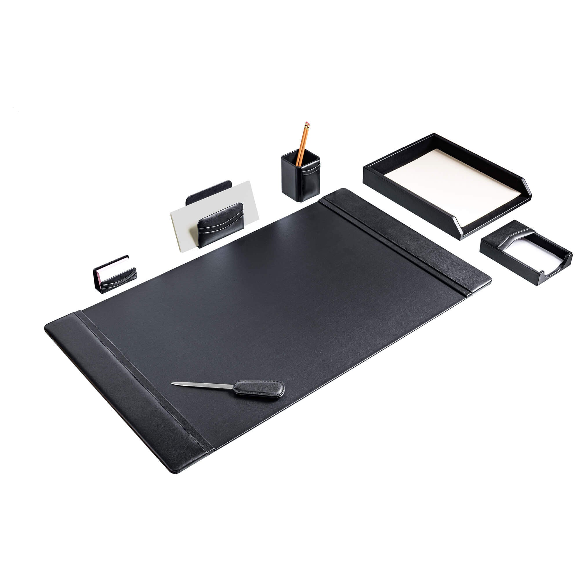 Classic Black Leather 7pc Desk Set, Silver Accent