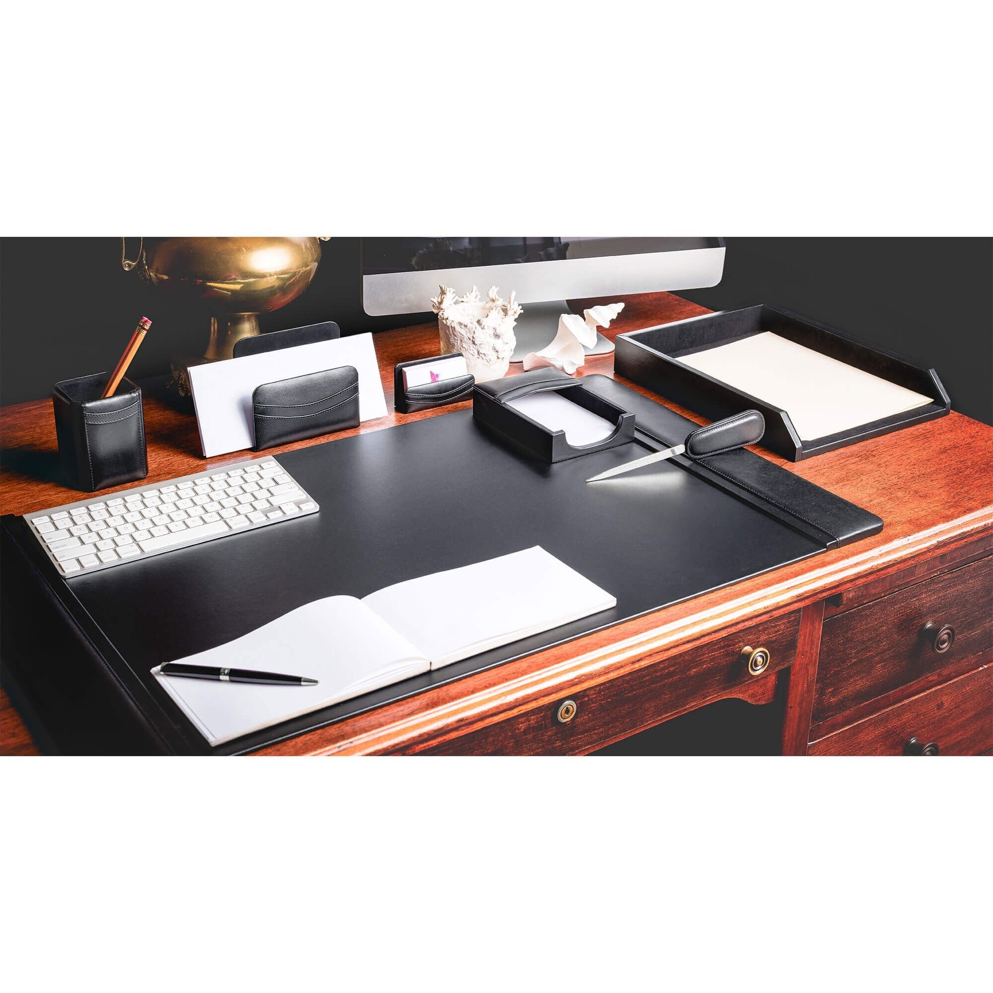 Classic Black Leather 7pc Desk Set, Silver Accent