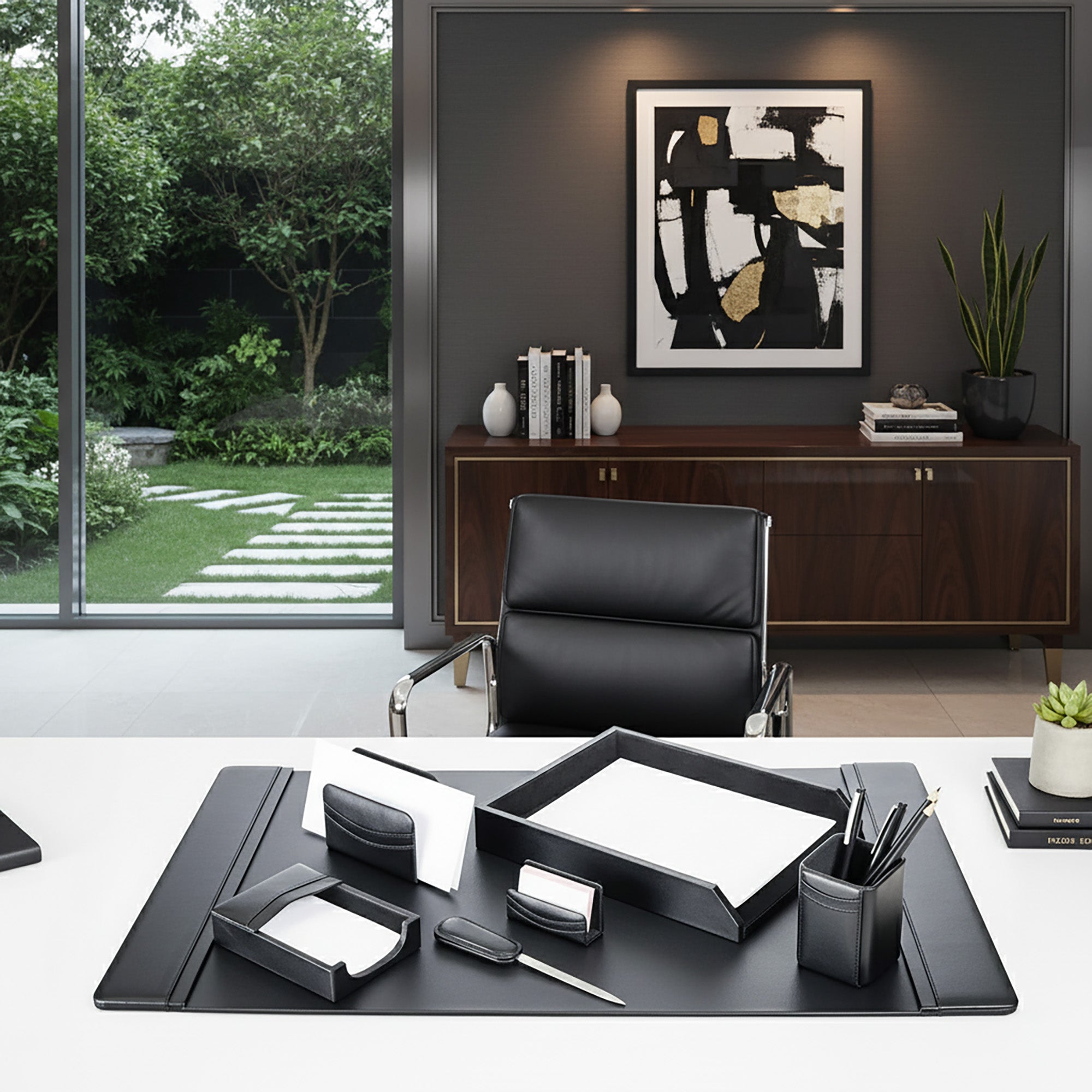 Classic Black Leather 7pc Desk Set, Silver Accent