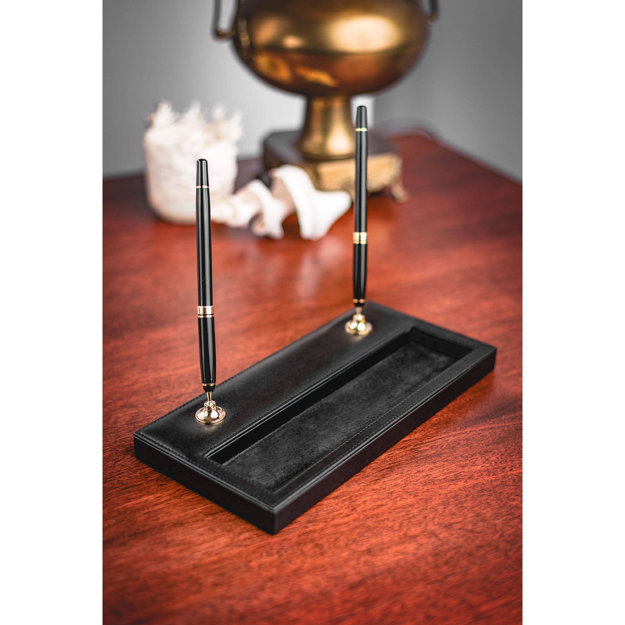 Classic Black Leather 8pc Desk Set, Gold Accent