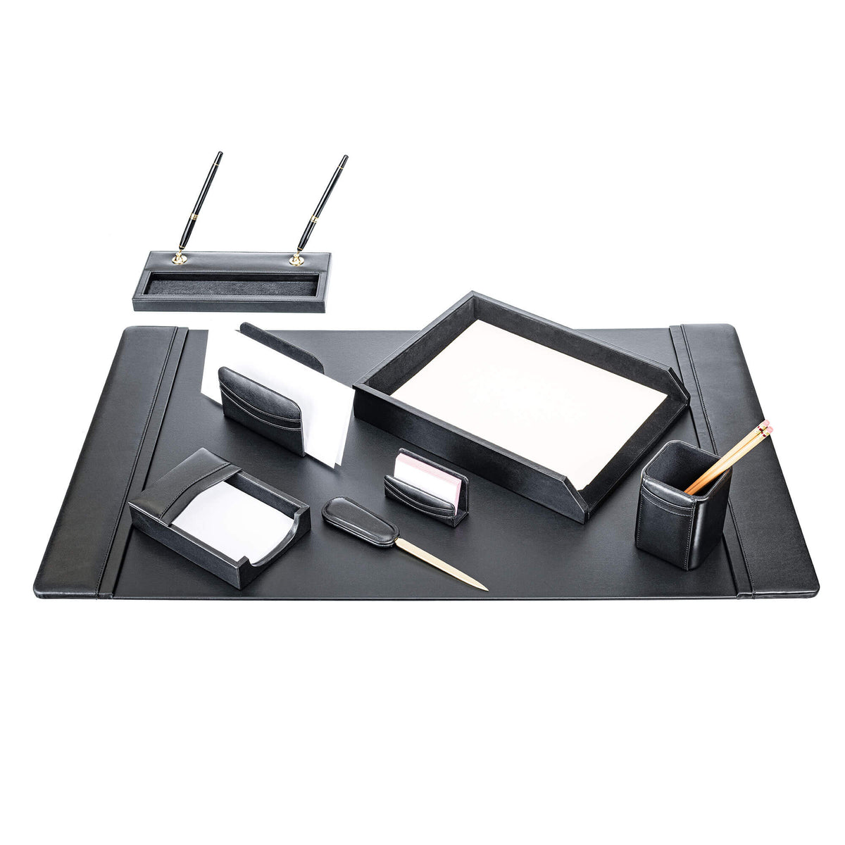 Classic Black Leather 8pc Desk Set, Gold Accent