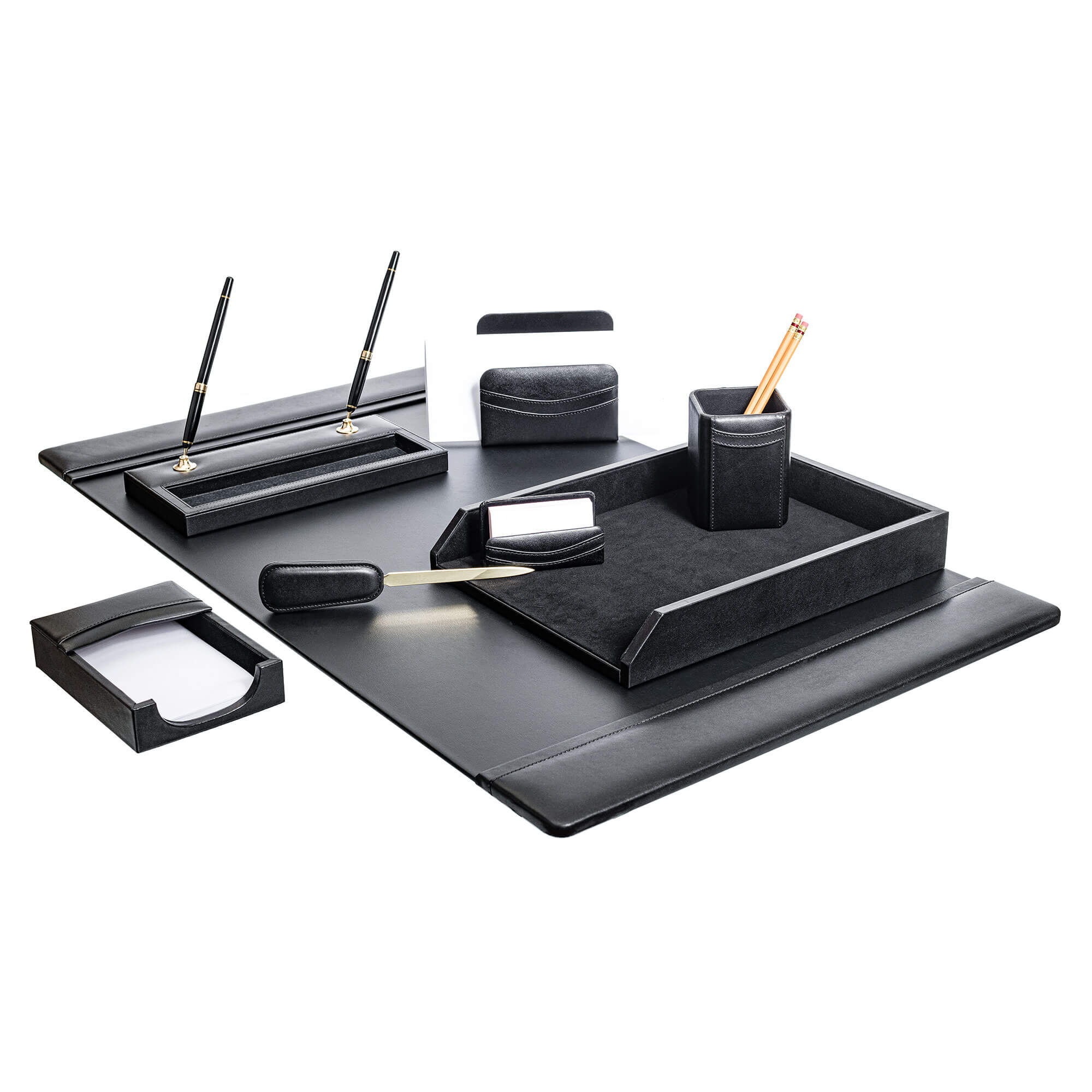 Classic Black Leather 8pc Desk Set, Gold Accent