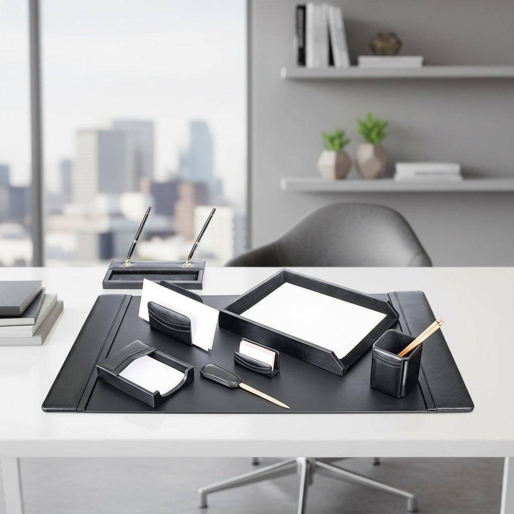 Classic Black Leather 8pc Desk Set, Gold Accent