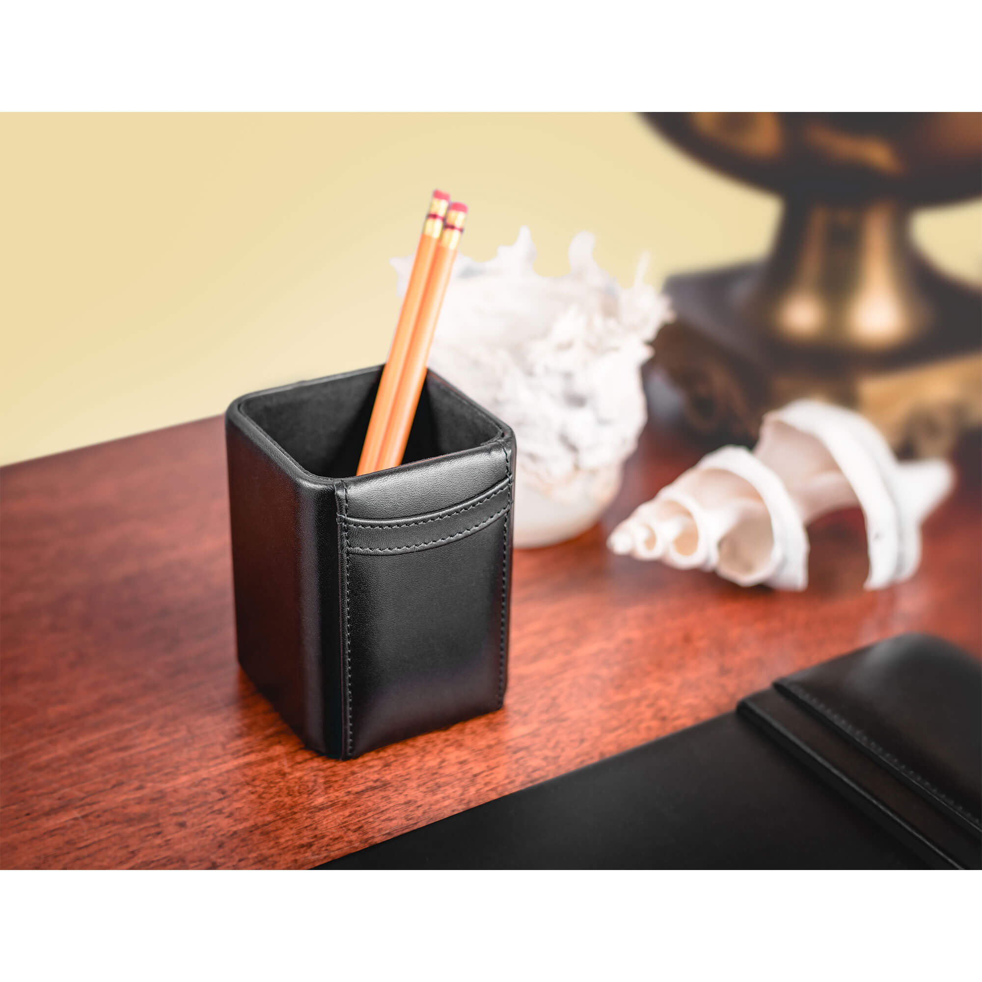 Classic Black Leather 8pc Desk Set, Gold Accent