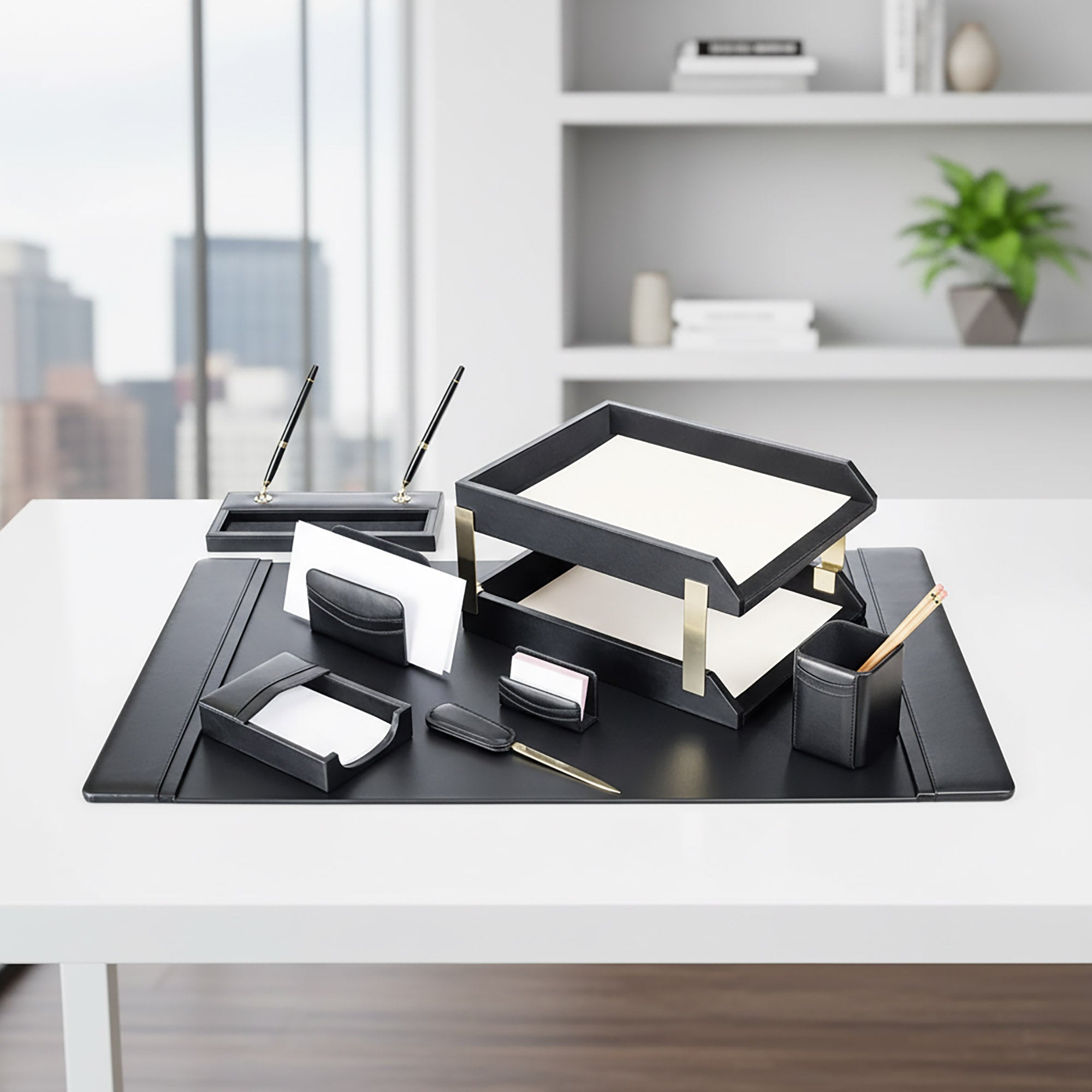 Black Leather 10pc Desk Set, Gold Accent