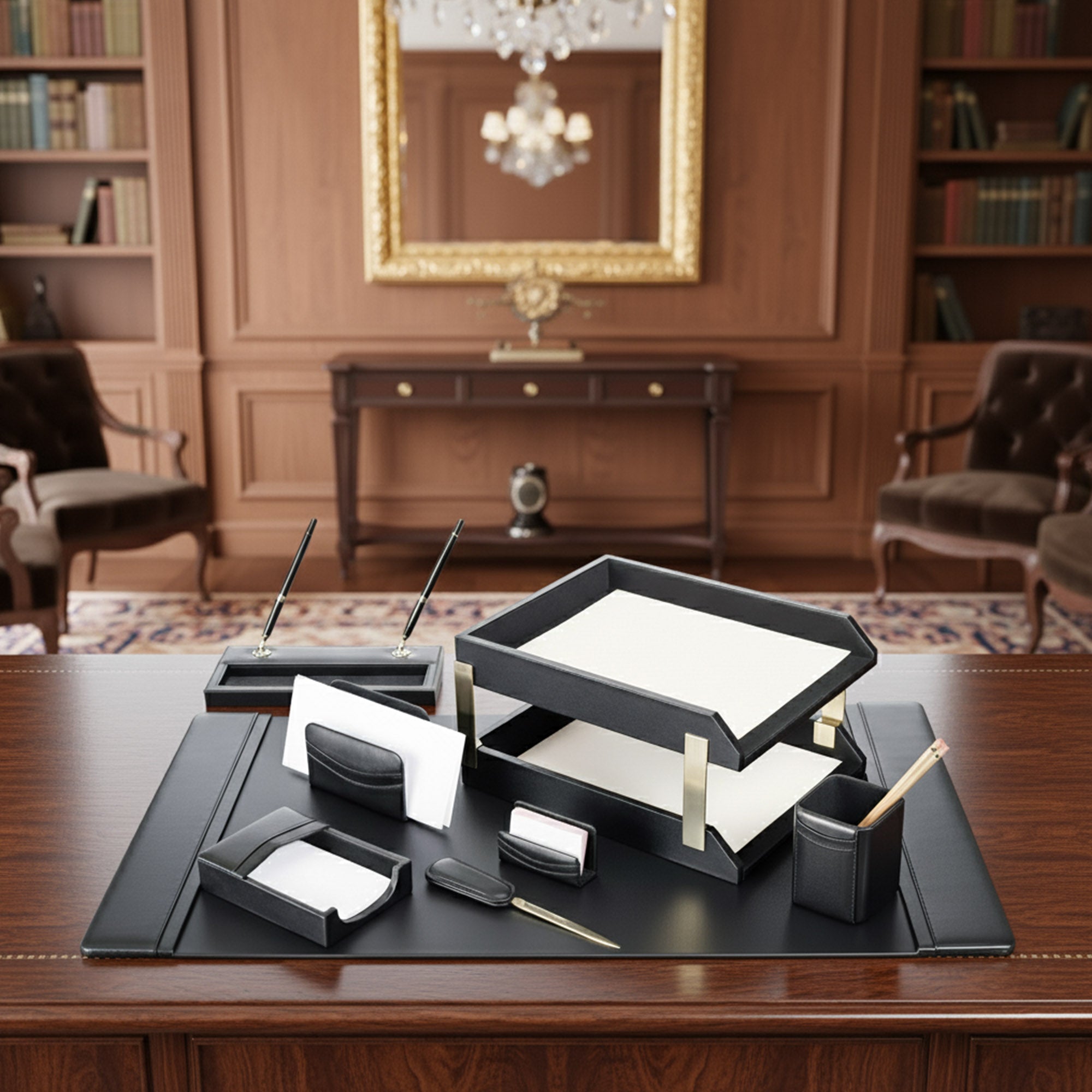 Black Leather 10pc Desk Set, Gold Accent