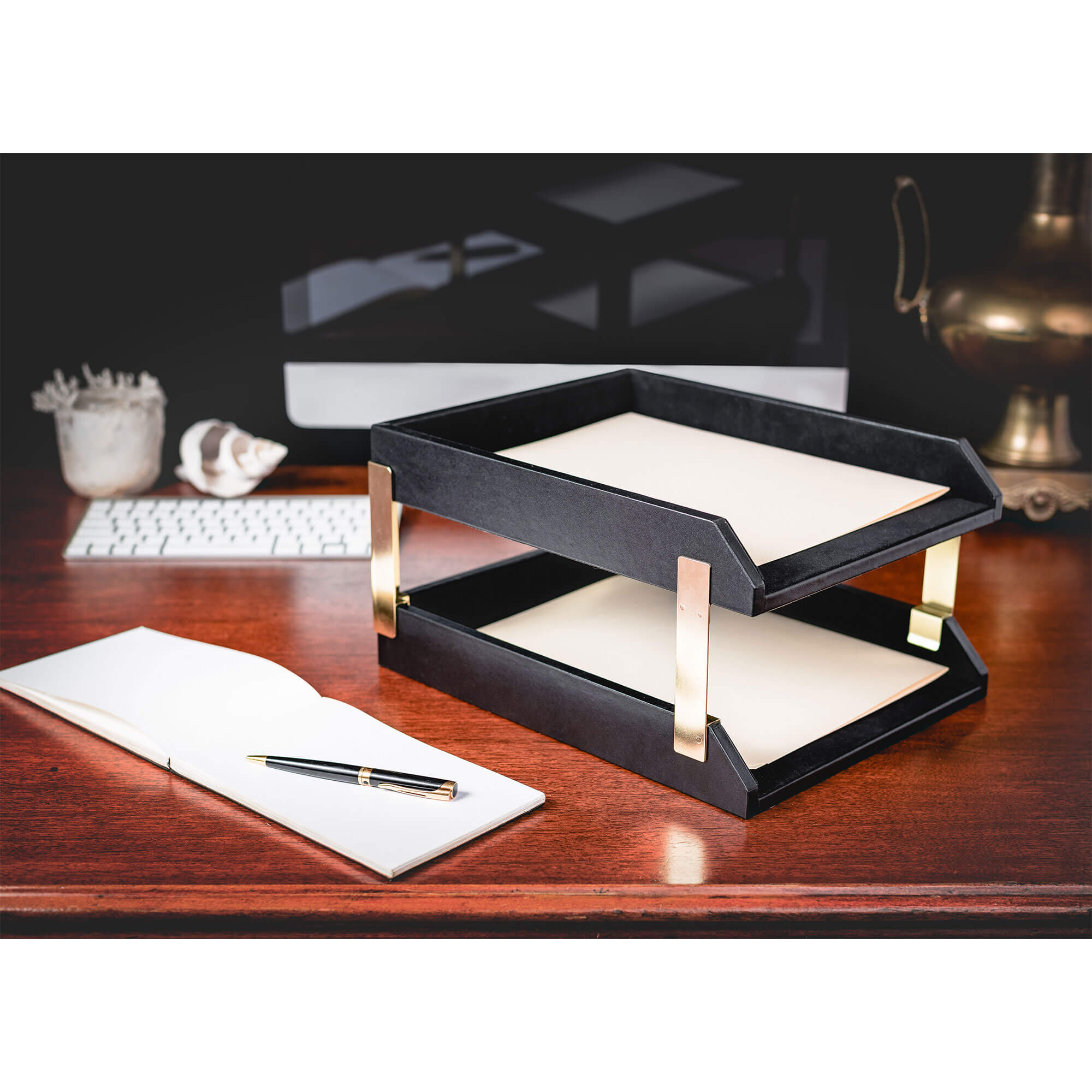 Black Leather 10pc Desk Set, Gold Accent