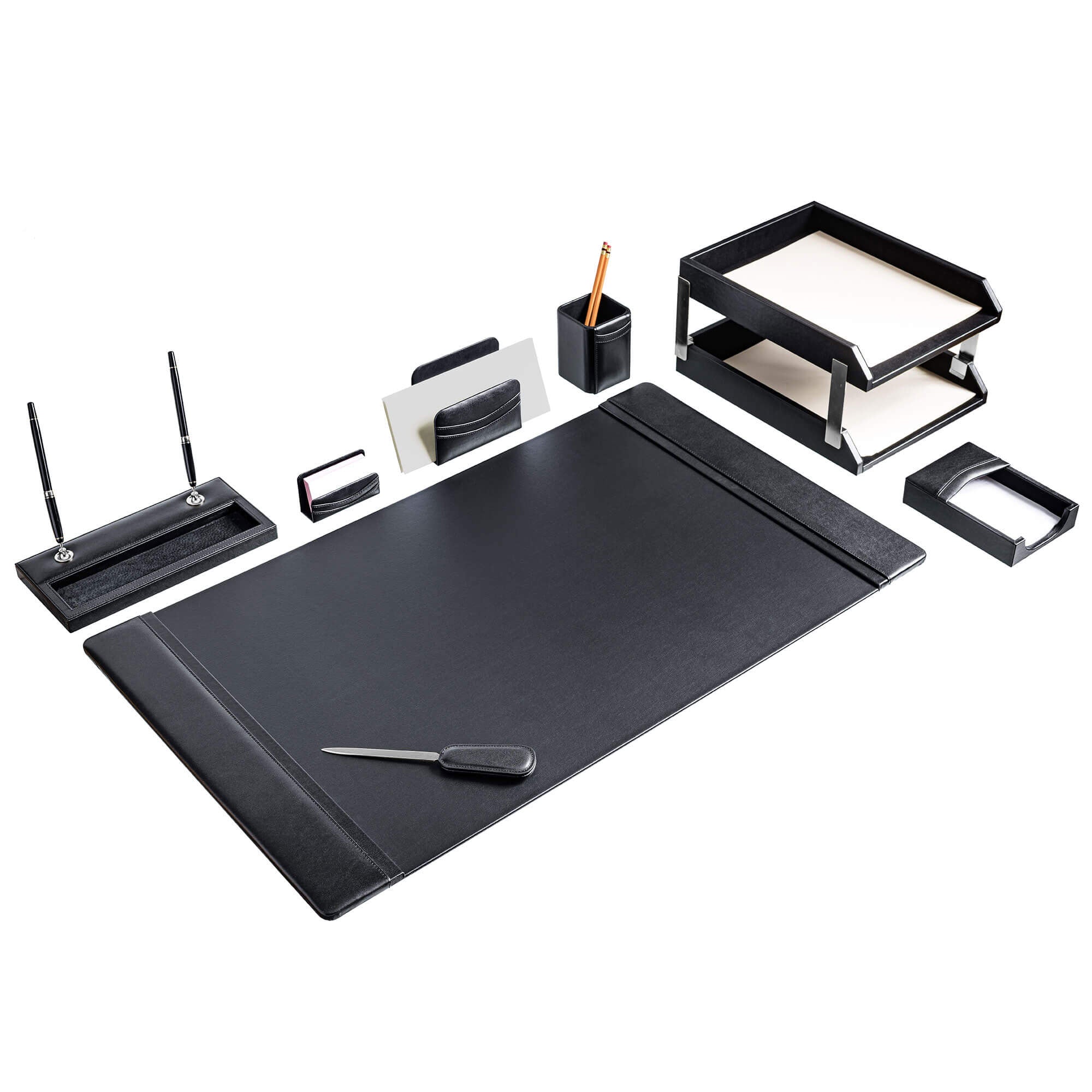 Classic Black Leather 10pc Desk Set, Silver Accent