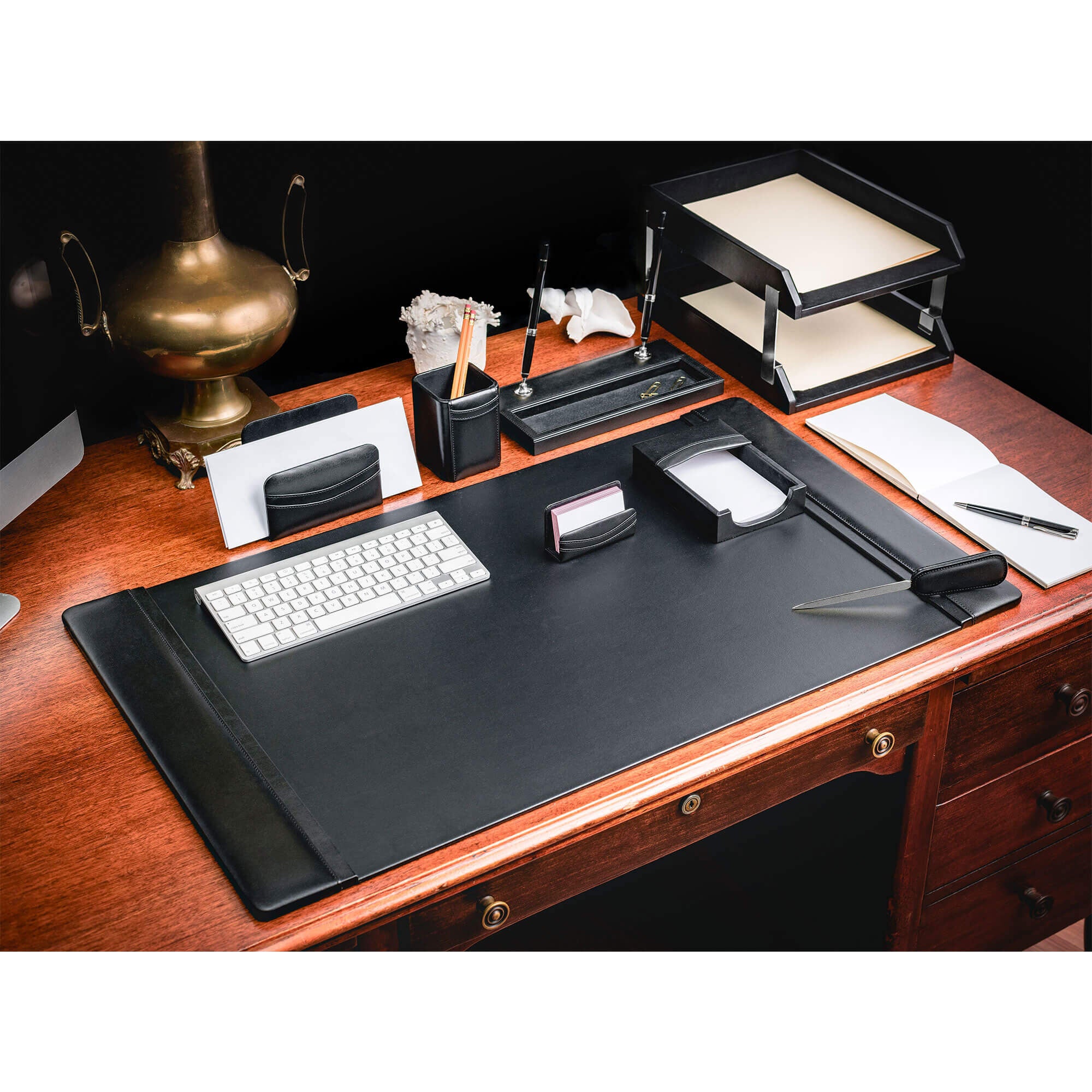 Classic Black Leather 10pc Desk Set, Silver Accent