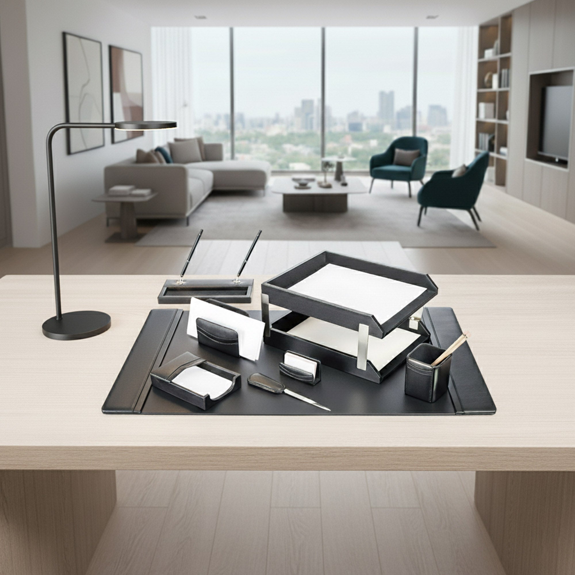 Classic Black Leather 10pc Desk Set, Silver Accent