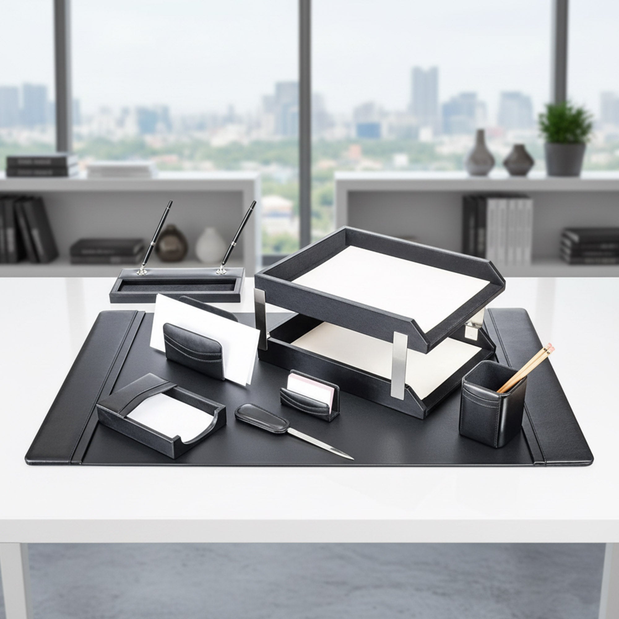 Classic Black Leather 10pc Desk Set, Silver Accent