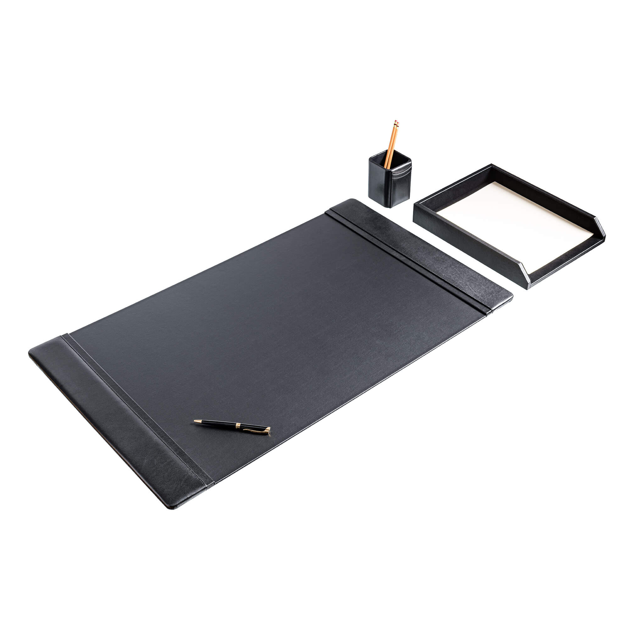 Classic Black Leather 3pc Desk Set