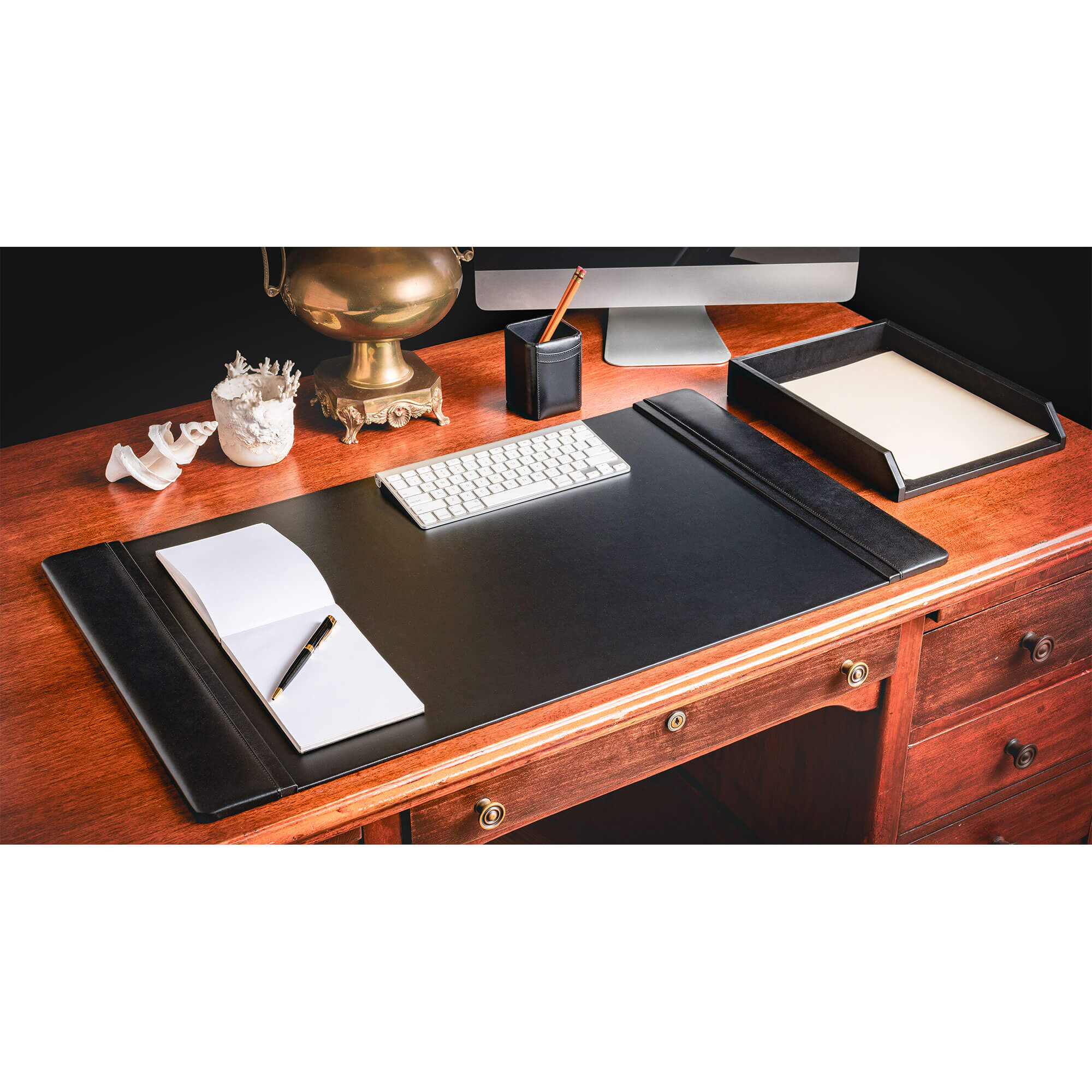 Classic Black Leather 3pc Desk Set