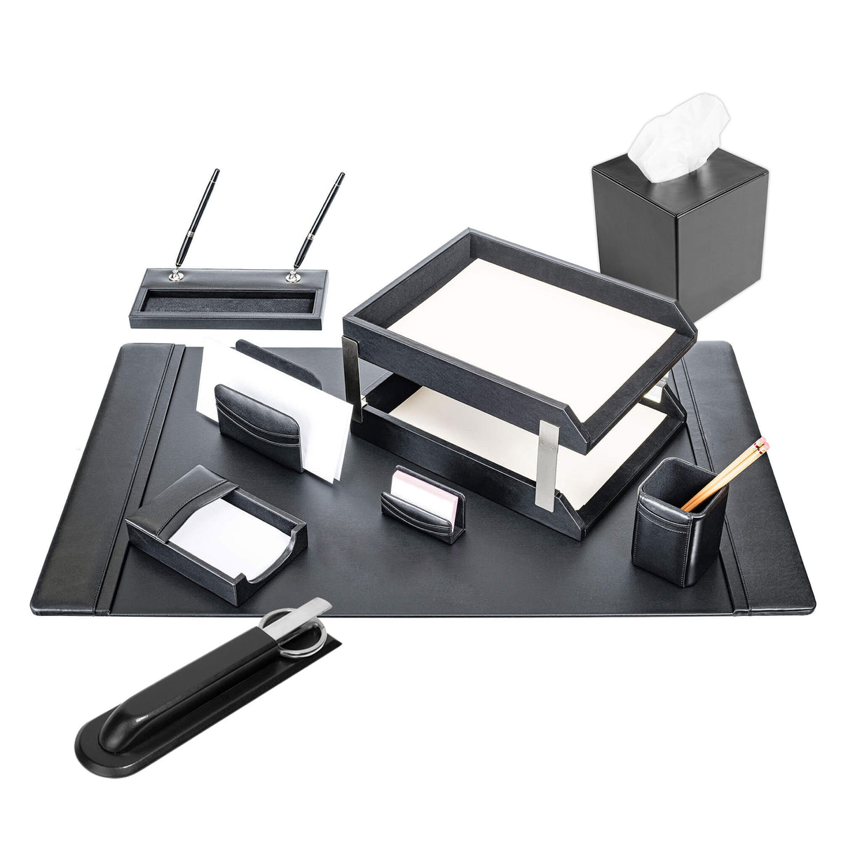 Classic Black Leather 11pc Desk Set, Silver Accent