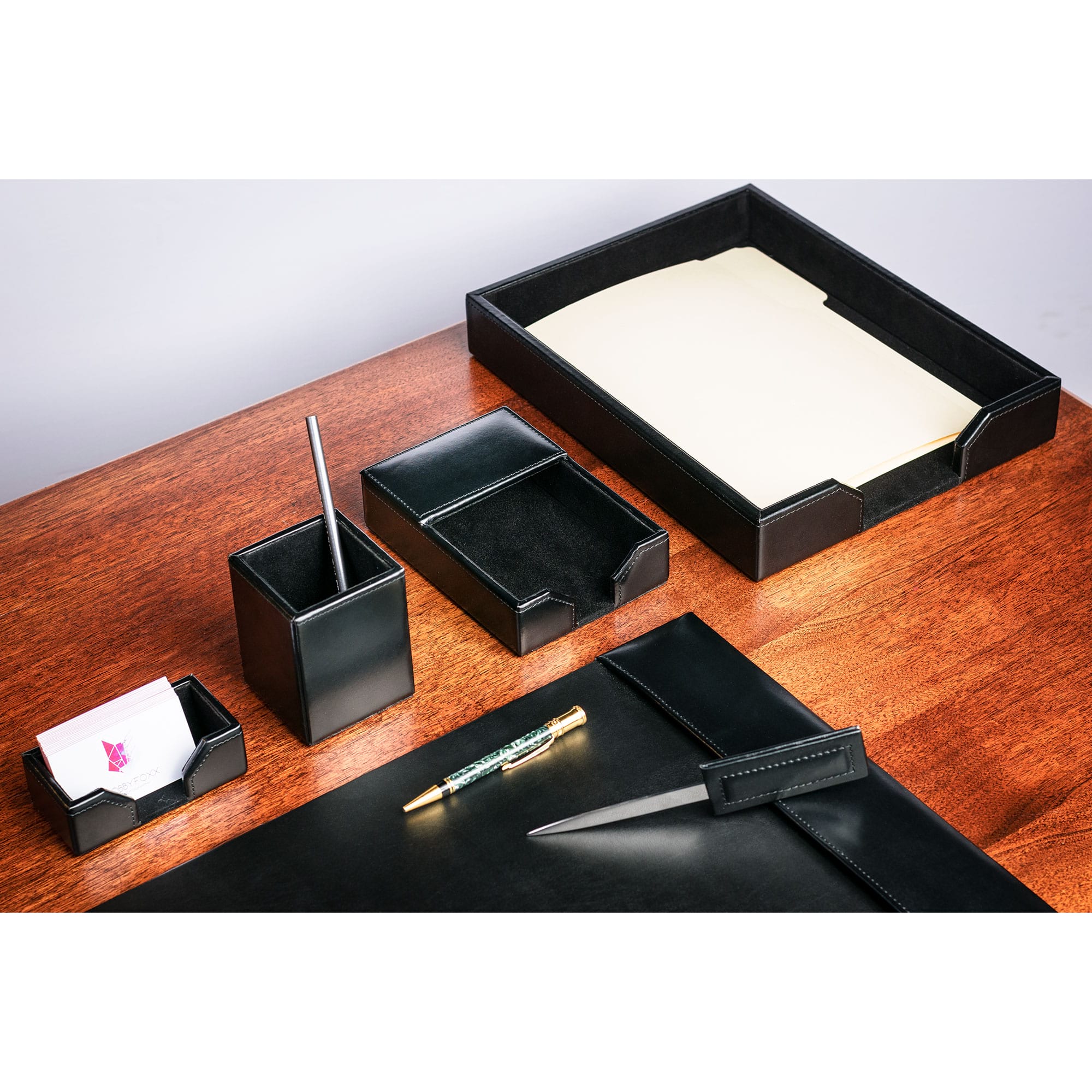 Black Bonded Leather Desk Set, 6pc