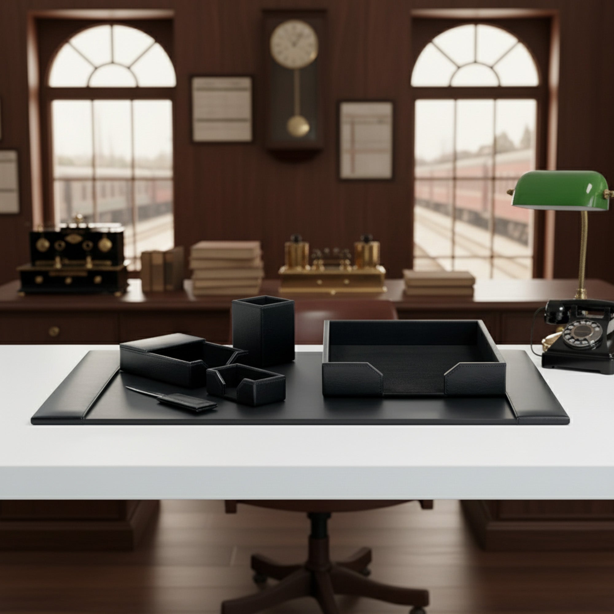 Black Bonded Leather Desk Set, 6pc