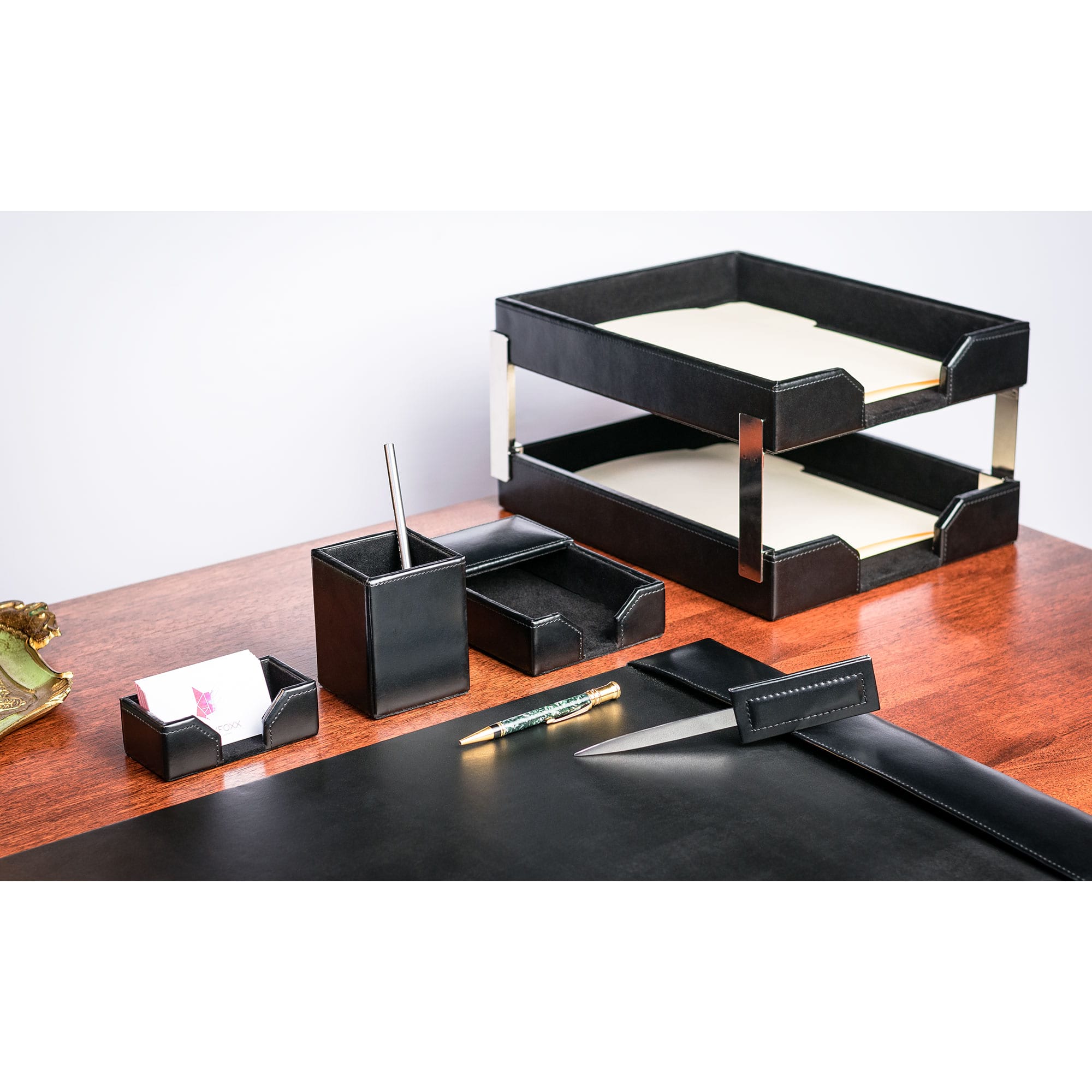 Black Bonded Leather Desk Set, 8pc