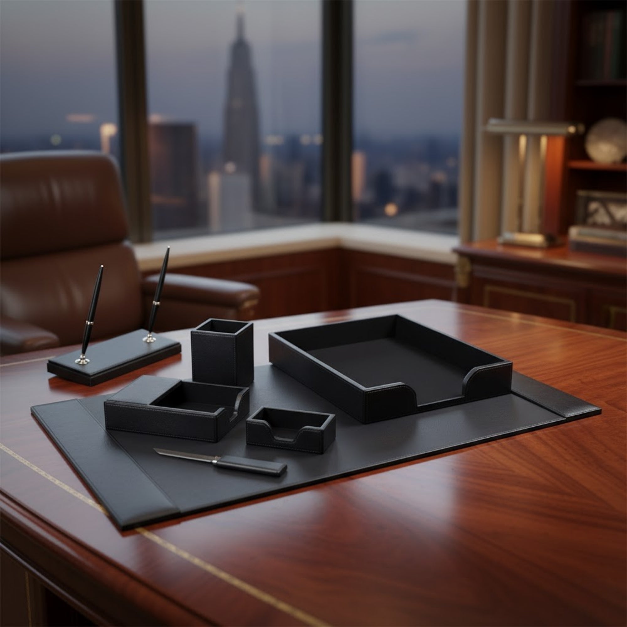 Black Bonded Leather Desk Set, 7pc
