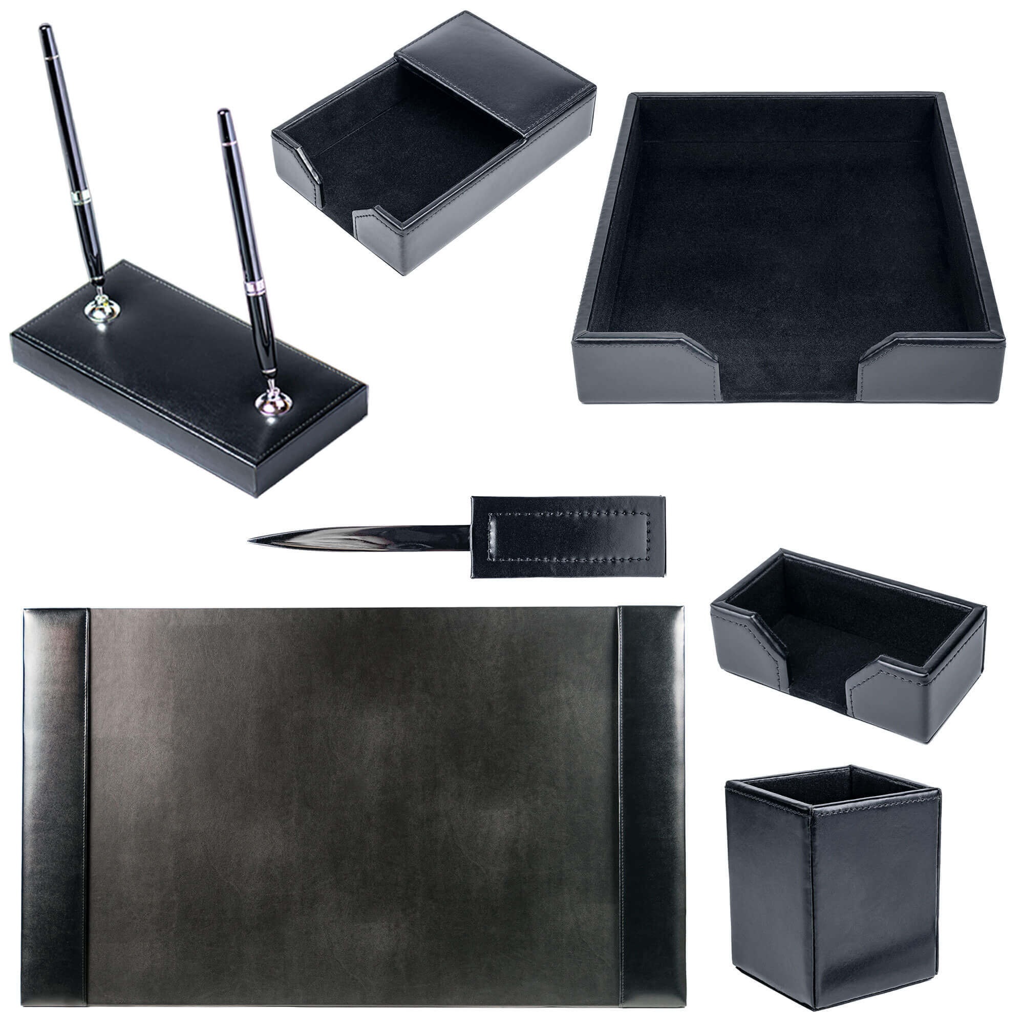 Black Bonded Leather Desk Set, 7pc