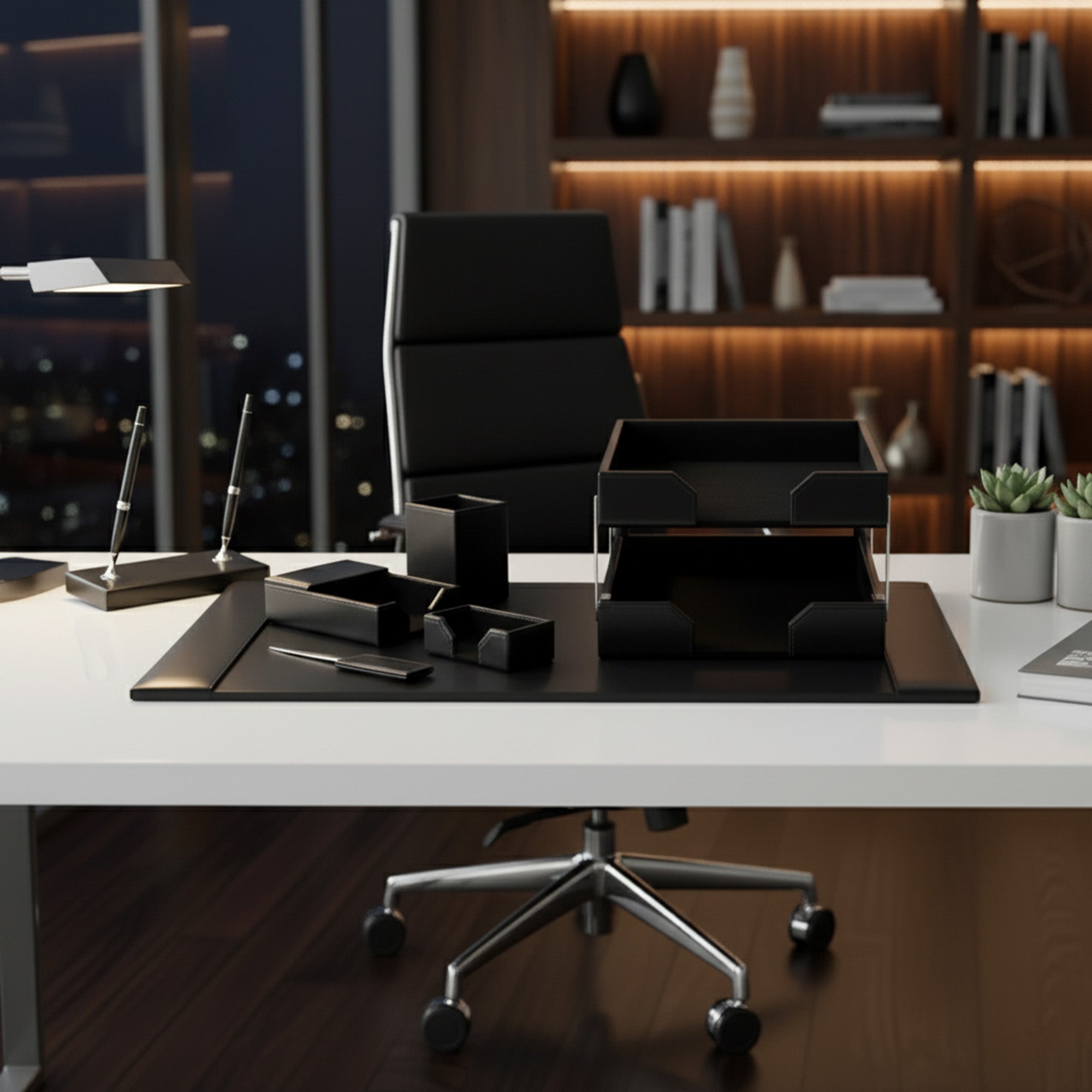 Black Bonded Leather Desk Set, 9pc