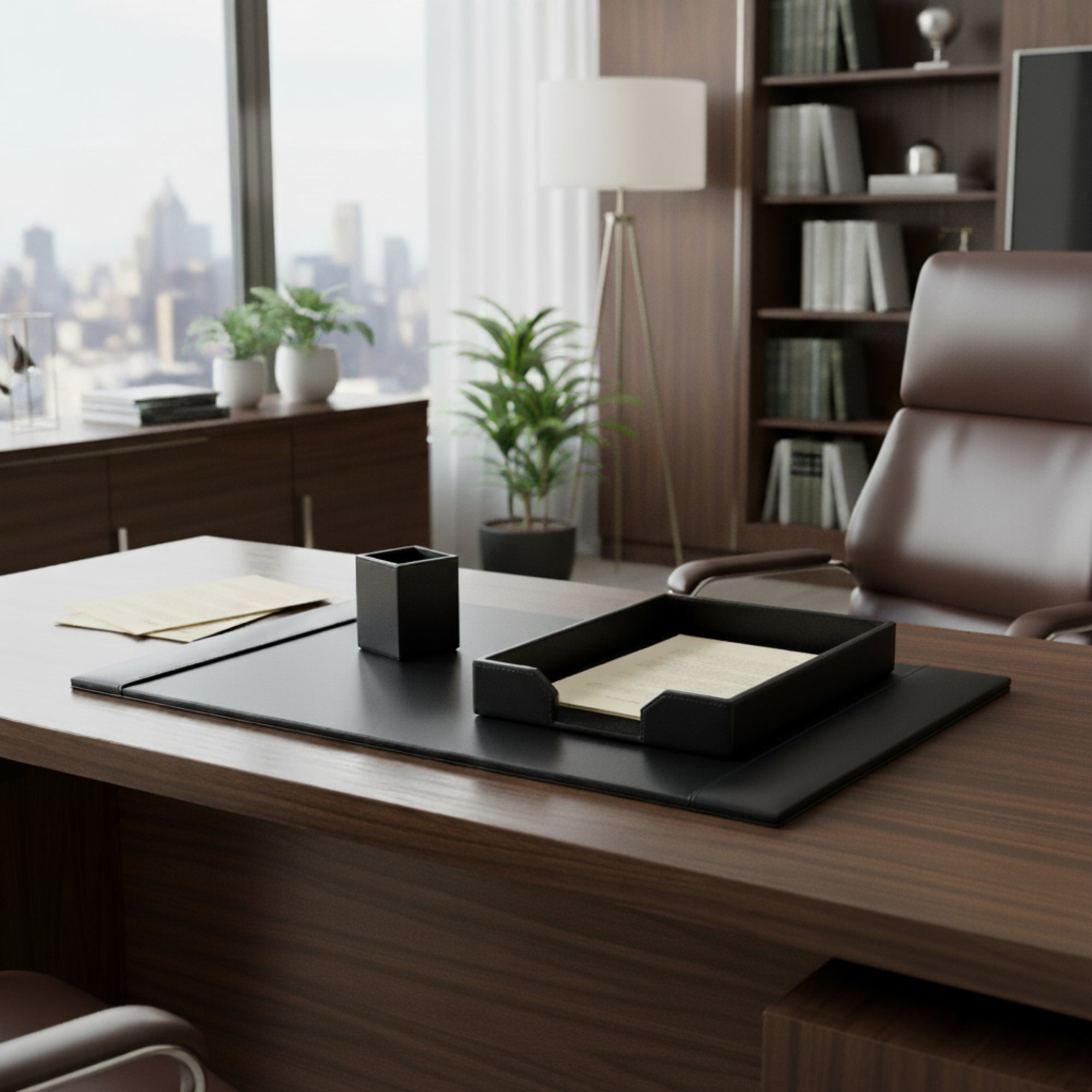 Black Bonded Leather Desk Set, 3pc