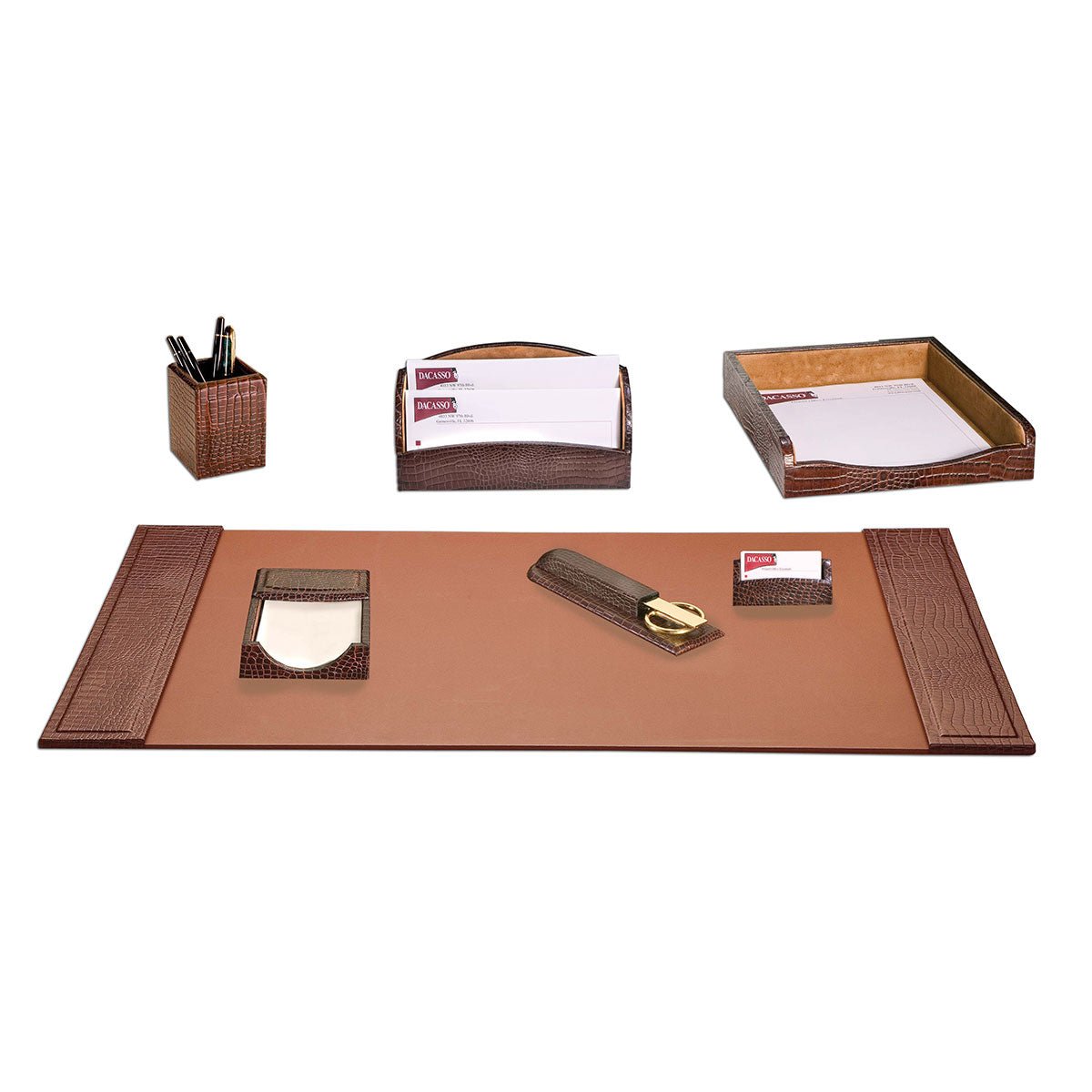 Brown Crocodile Embossed Leather Desk Set, 7pc
