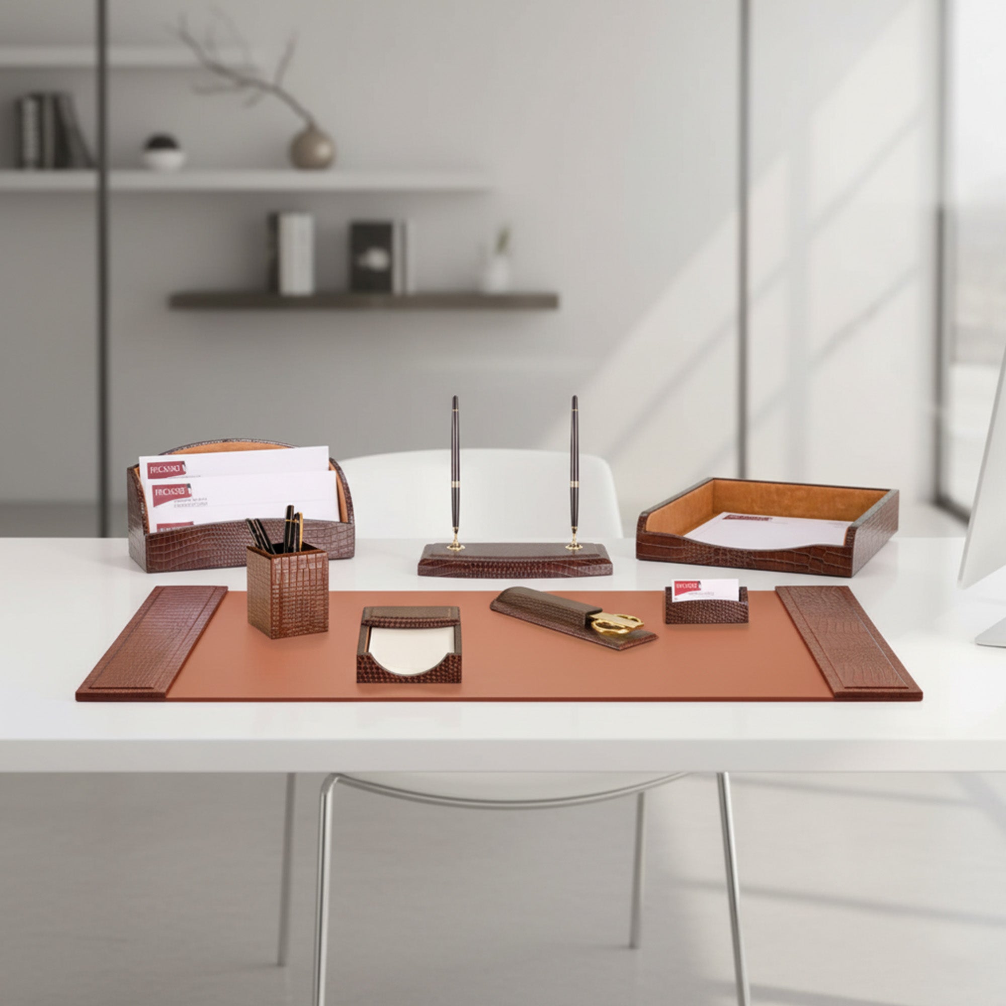 Brown Crocodile Embossed Leather Desk Set, 8pc