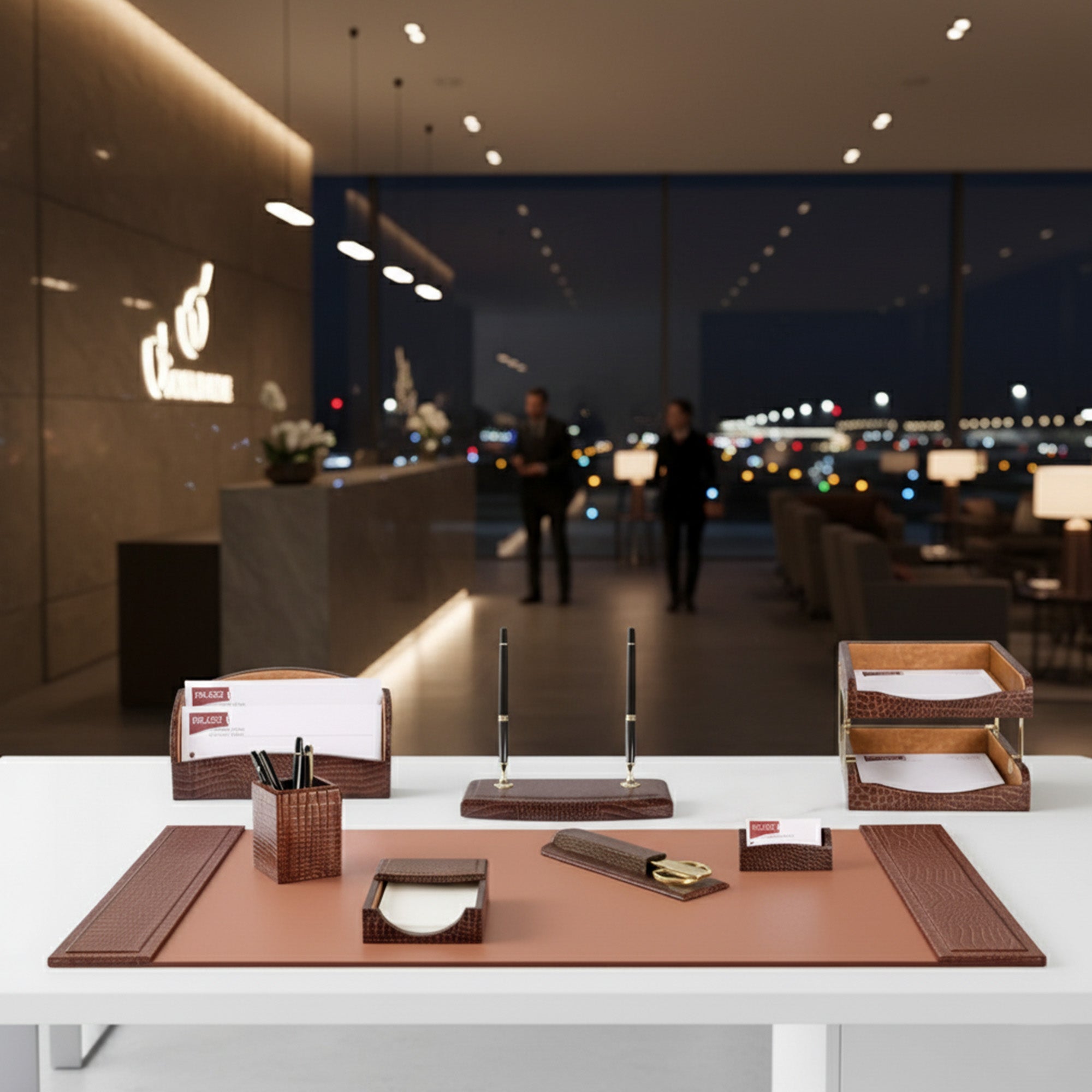 Brown Crocodile Embossed Leather Desk Set, 10pc